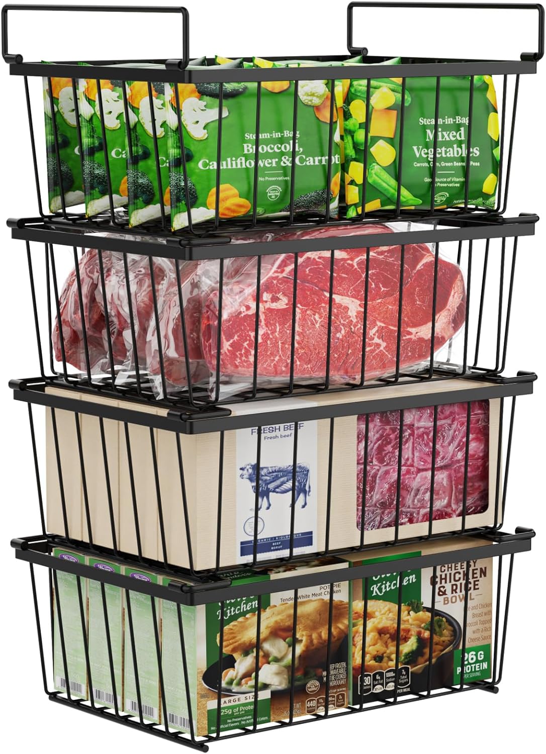 iSPECLE Freezer Organizer Bins - 4 Pack Stackable Deep Freezer Organizer Bins for 5 Cu.Ft Chest Freezer Easy Get Food from Bottom without Digging, Add Space Sort Store More Frozen Food, Black