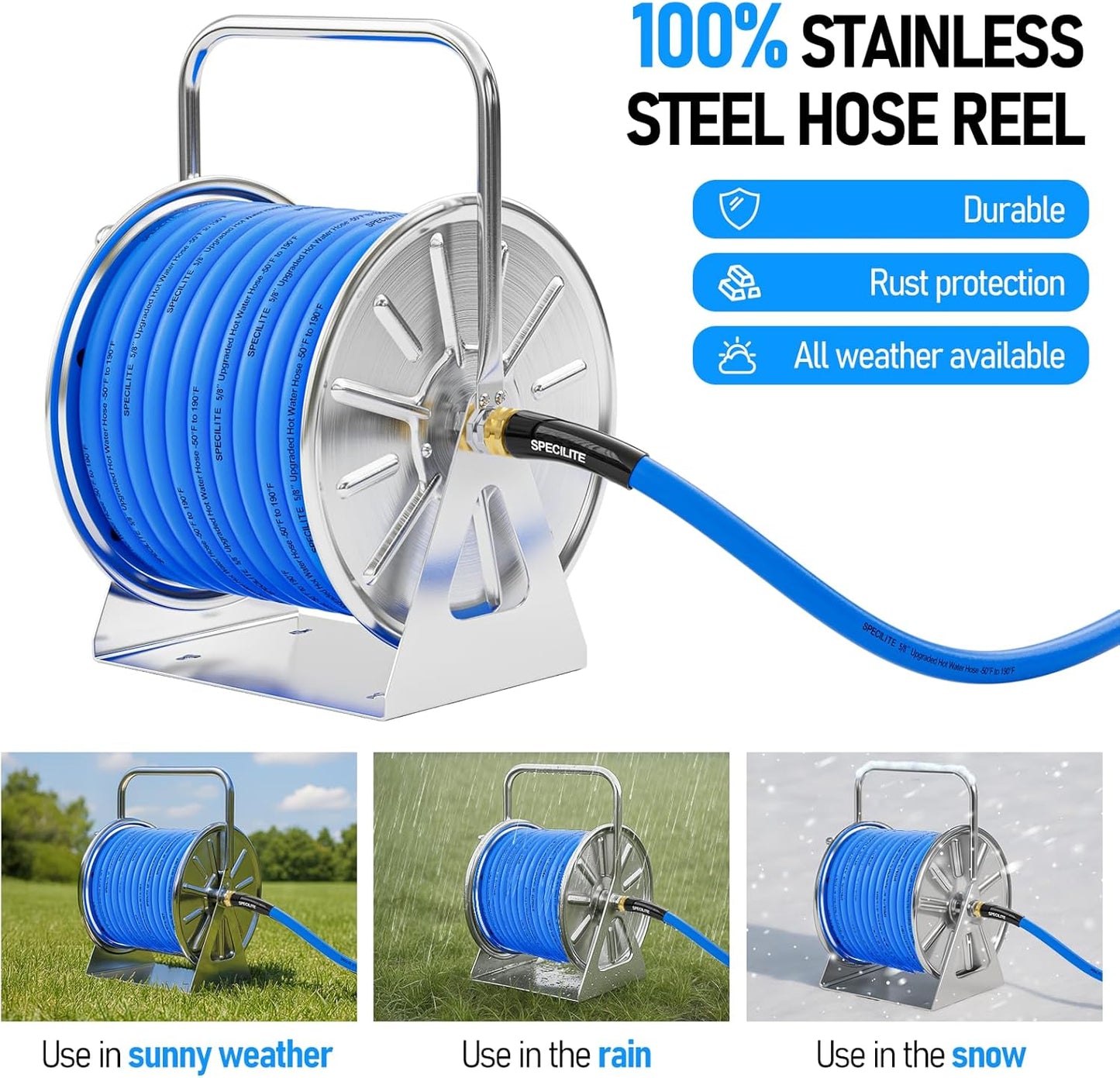 SPECILITE Stainless Steel Garden Hose Reel with 5/8'' x Hot/Cold 75 FT Water Hose and 6FT Leader Pipe, -50℉ -190℉, Wall/Floor Metal Mounted Spool Storage, UV Resistantfor Outside, Yard, Patio