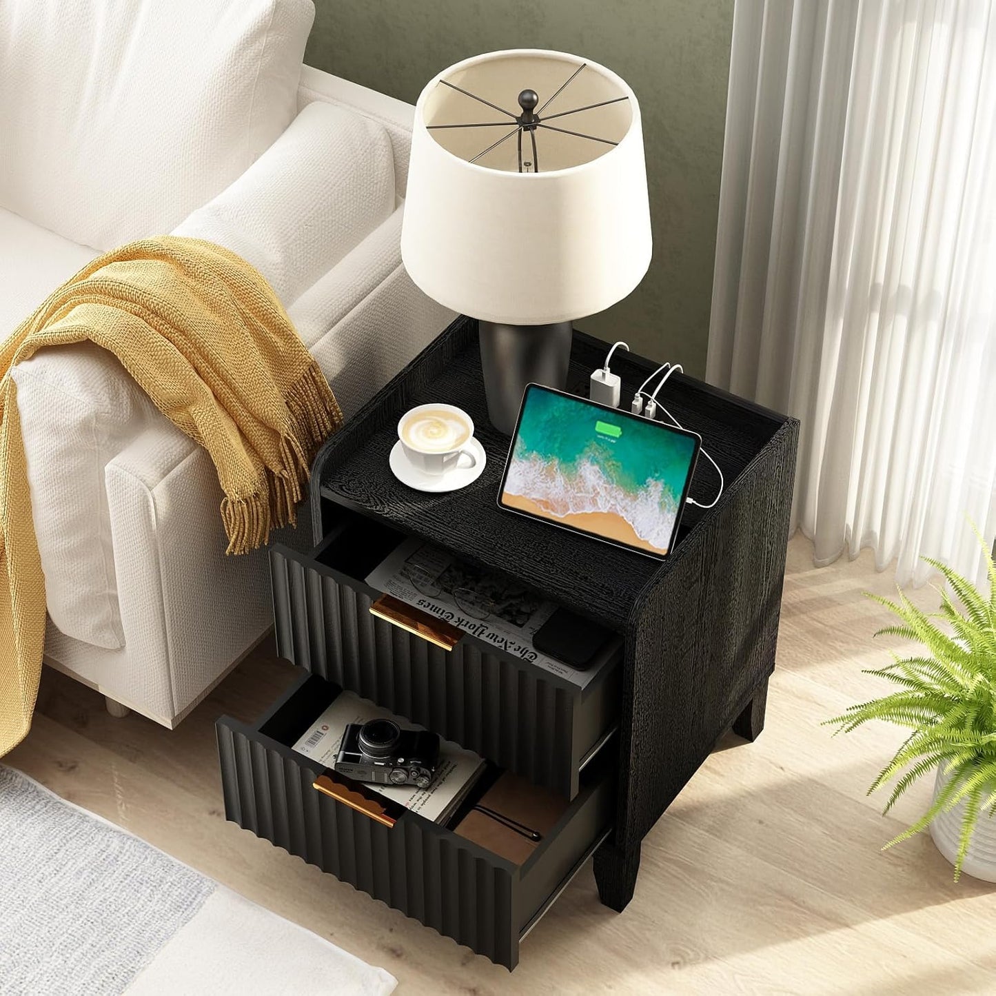 Wnutrees Fluted Nightstand with Charging Station, Modern Bedside Table with 2 Drawers, Farmhouse Wooden End Side Table Living Room, 2 Pack, Black