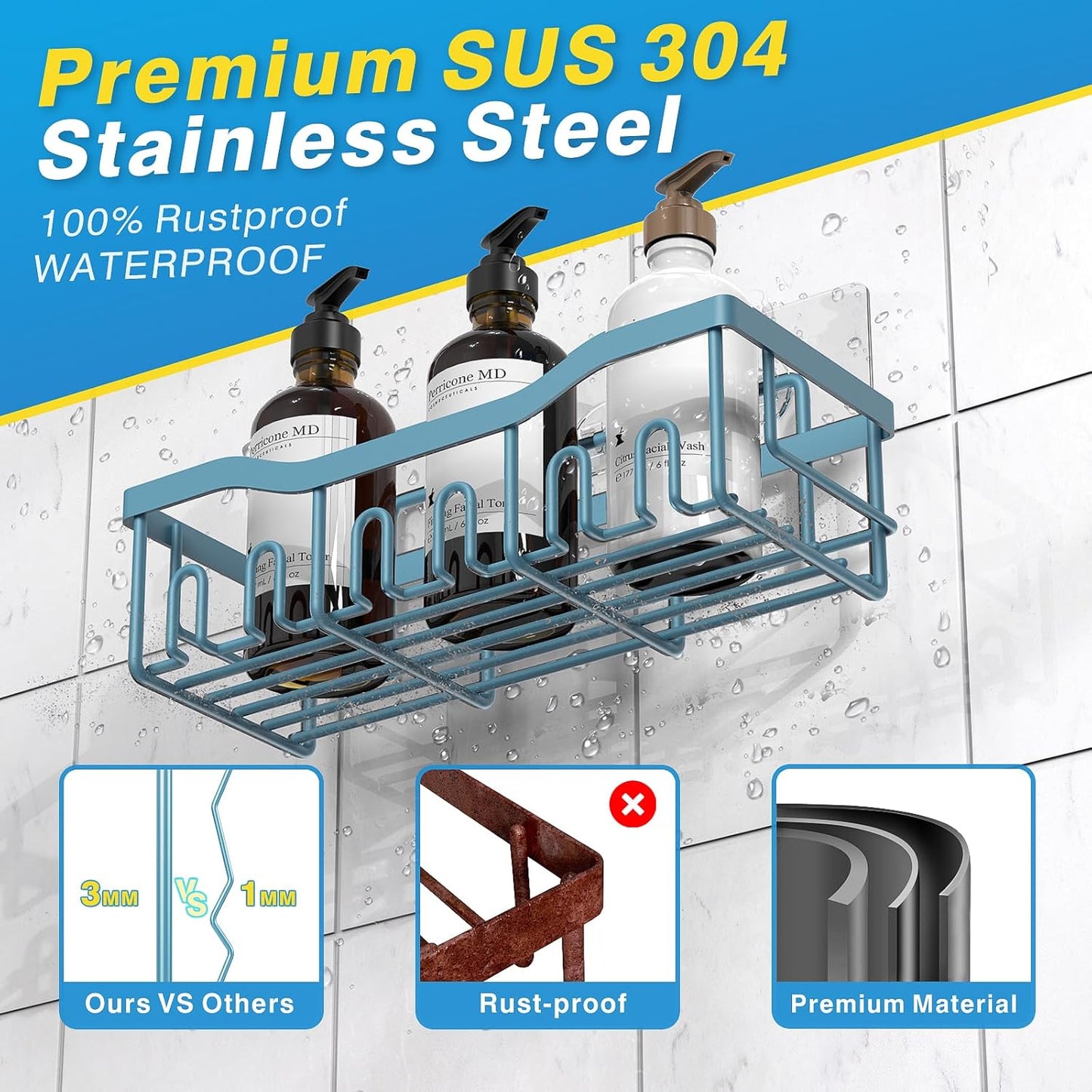 EUDELE 5-Pack Rustproof Stainless Steel Shower Caddy – No Drill Adhesive Bathroom Organizer with Large Capacity, Spacious Shower Shelves for Inside Shower, Kitchen & Home Decor Storage-XL Size