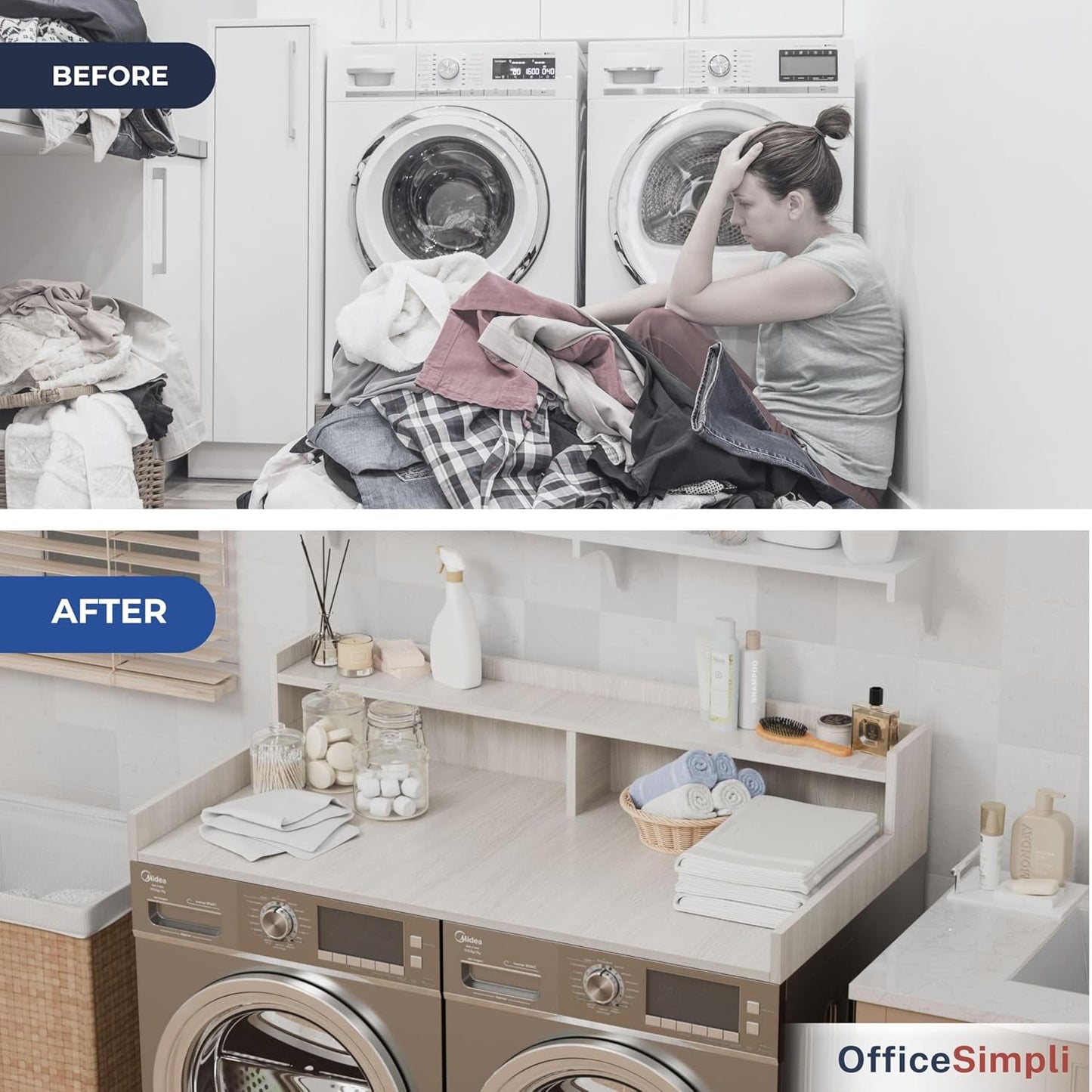 OfficeSimpli Washer Dryer Countertop with Shelf - 27.5 x 54 Inch - Made in USA Laundry Countertop Over Washer and Dryer with Non-Slip Pads, Storage Shelf, Laundry Topper Organizer, Rustic Oak