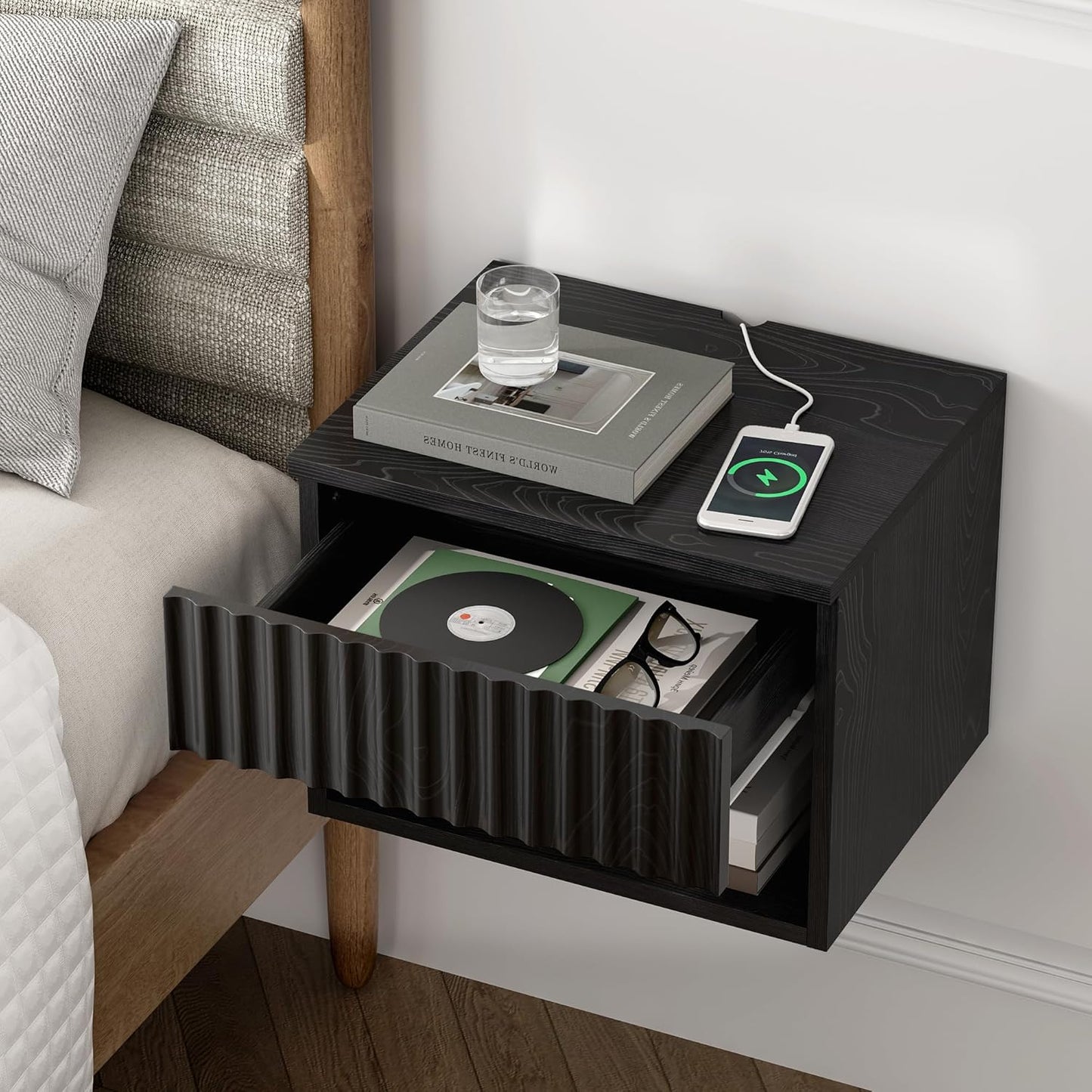 Floating TV Stands Set of 4 with Drawer and Open Shelf, Small Wall Mounted Bedside End Table, Modern Fluted Night Stand for Bedroom, Living Room, Black