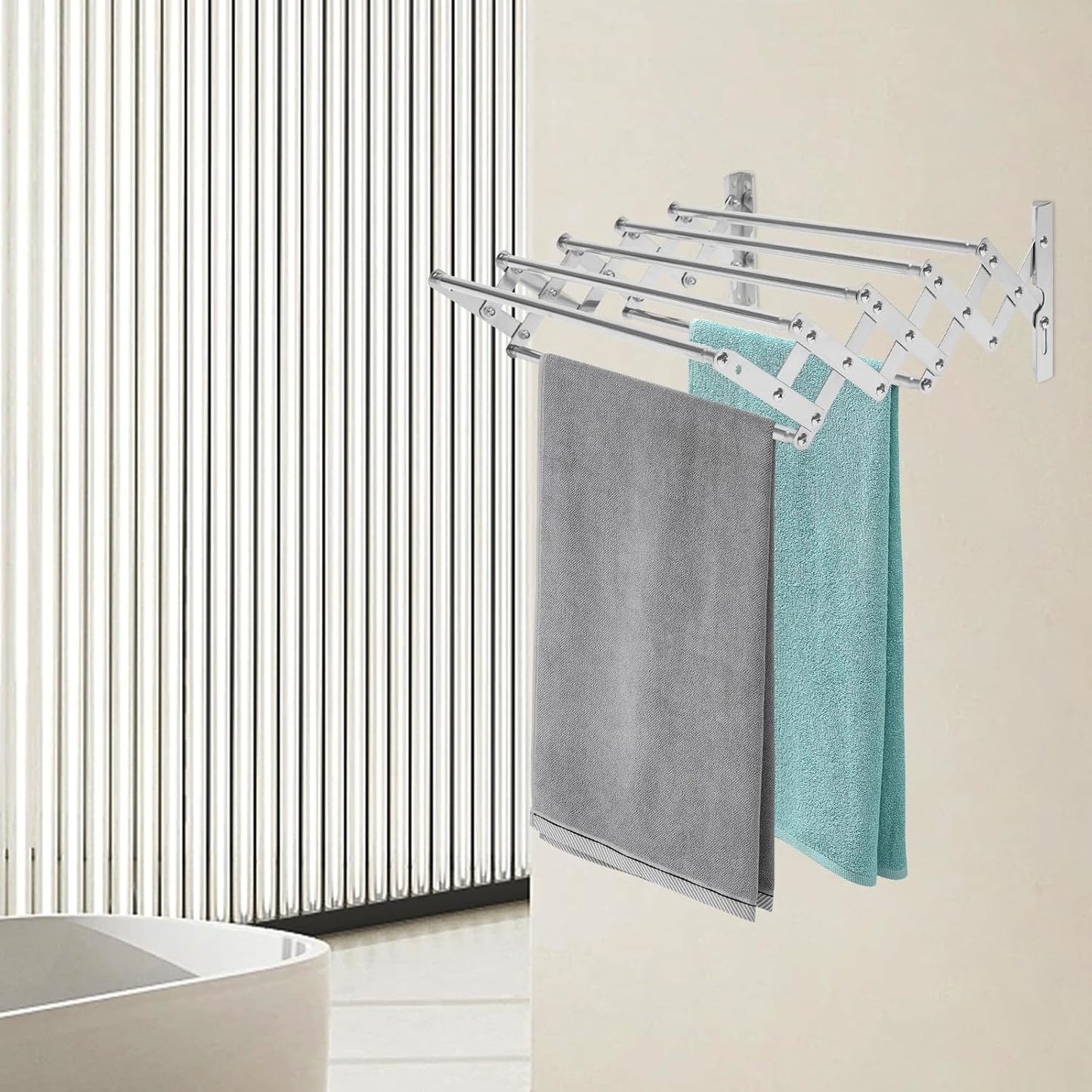 Wall Mounted Laundry Drying Rack, Retractable Clothes Drying Rack with Stable Base, Stretching Back, Forth, Left, Right, Folding Clothing Collapsible for Clothes Hanging