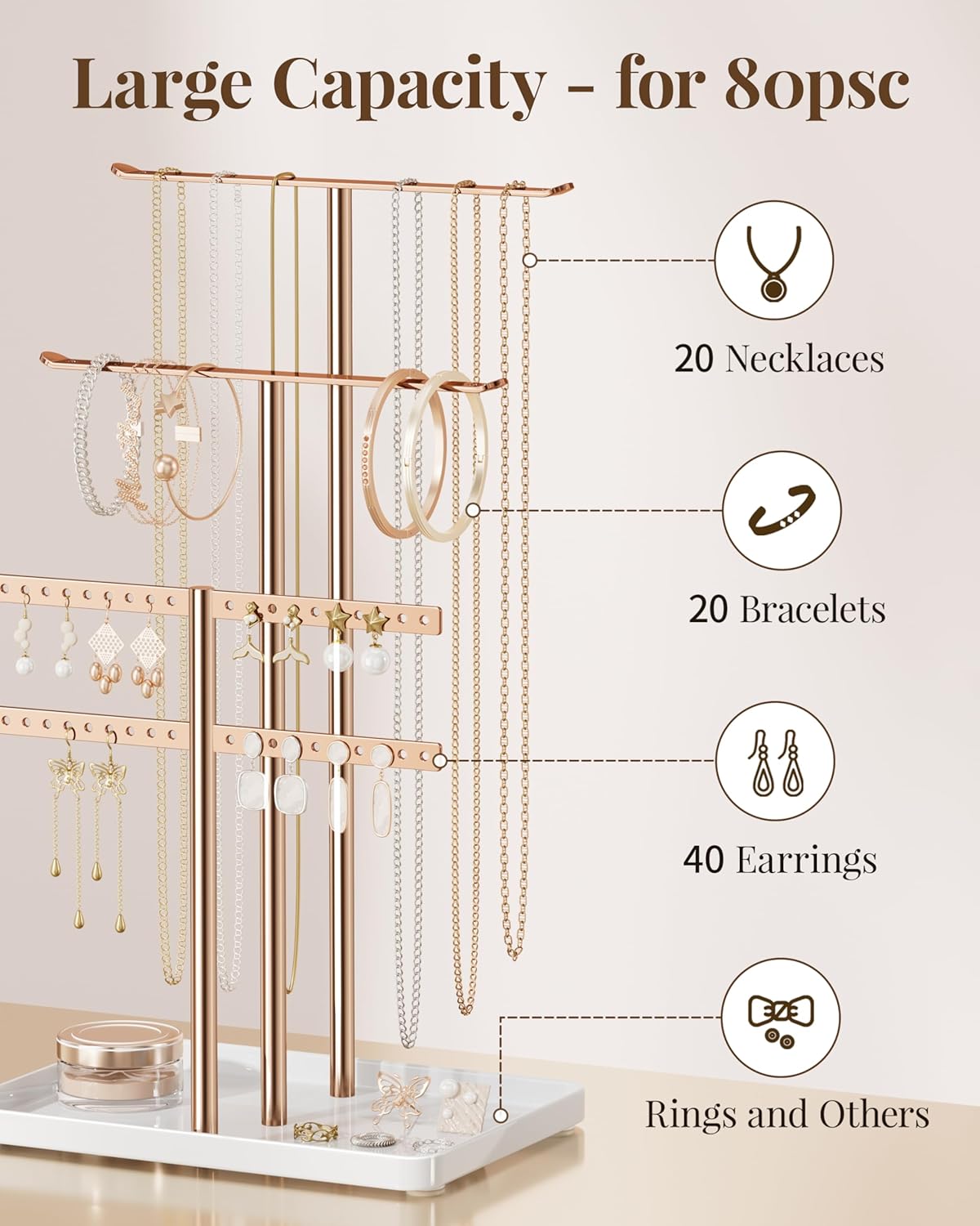 pickpiff Jewelry Stand Holder Organizer: 14.5" Sturdy Hanger for 80 Pcs Jewelry, Rose Gold Jewlery Tower for Display Necklace, Earring, Bracelet, Watch