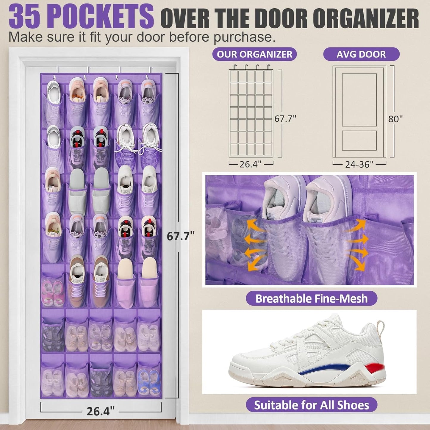 Tiblue Over The Door Shoe Organizer - 35 Mesh Pockets, Hanging Shoe Rack & Holder For Sneakers, Women's High Heels, Lavender
