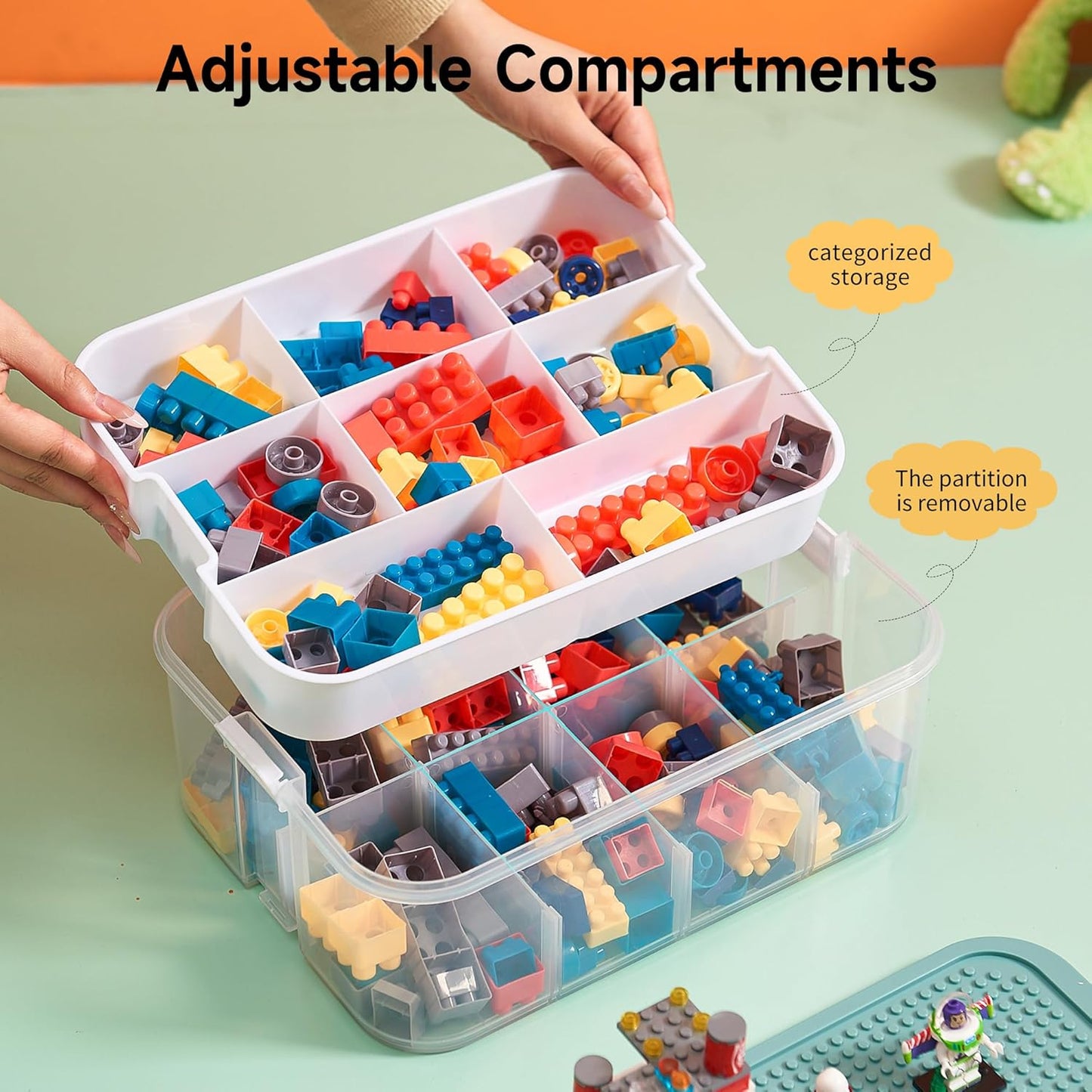 Organizers Storage Box for lego: Plastic Stackable Storage Case with Building Blocks Lids, Containers with Carrying Handle and Adjustable Grid Organizers,3Layer Orange
