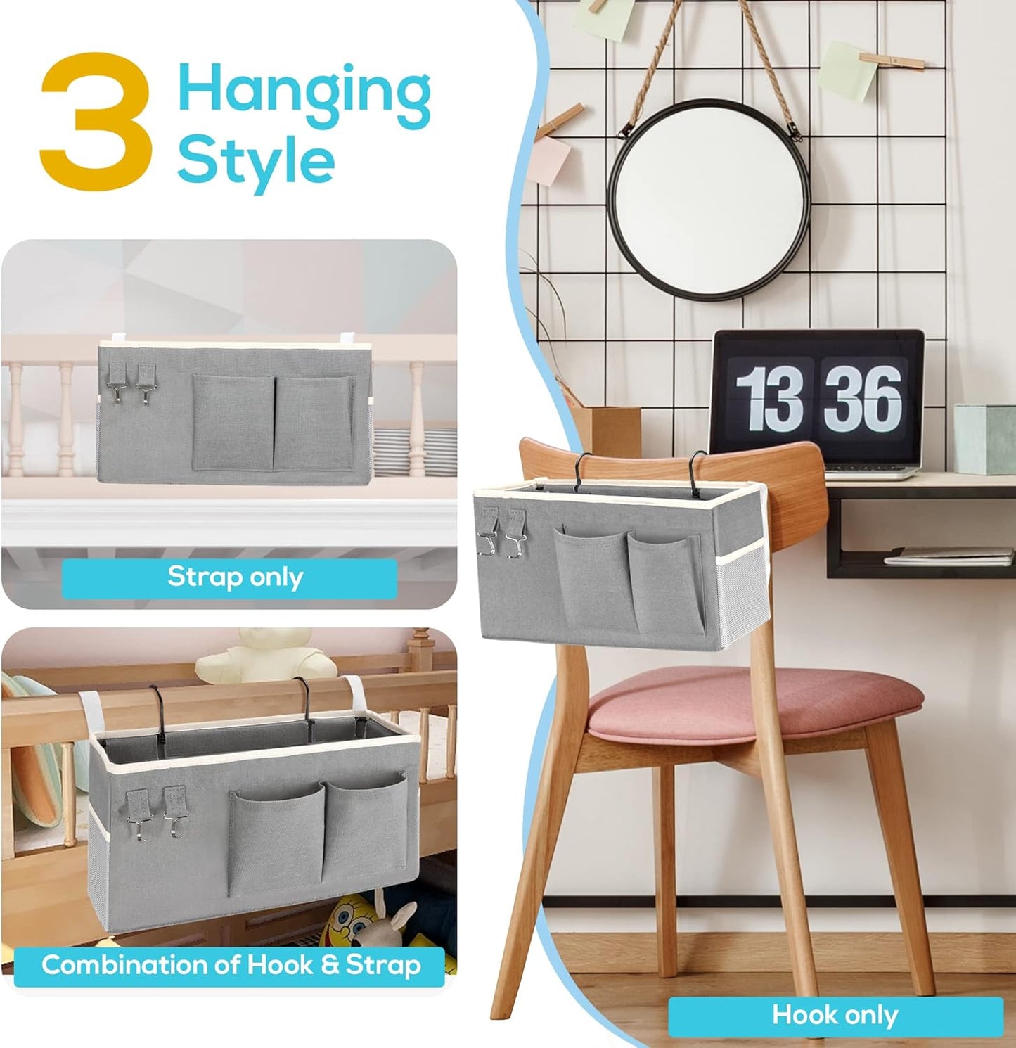 2pcs Bedside Caddy Hanging Storage Bag, Organizer Baskets with Pockets for Bunk Bed Shelf and Hospital Beds, Loft & Dorm Rooms Chair Bed Rails Accessories (Bedside bag-Riceball)