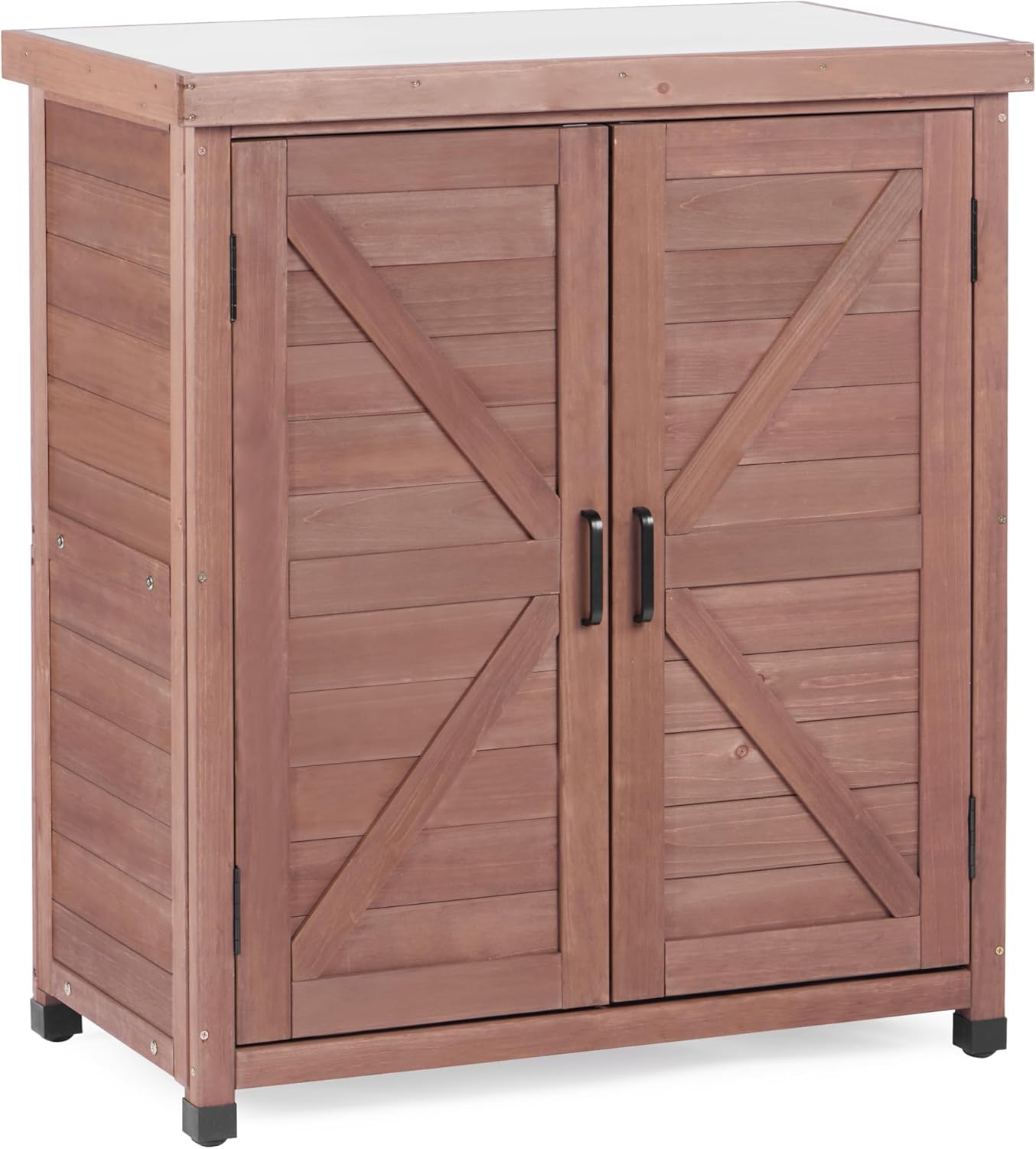 Outdoor Potting Bench with Storage Cabinet and Metal Top, Wood Workstation for Outdoor Patio, Garden (Coffee Brown, 31x17x36‘’)