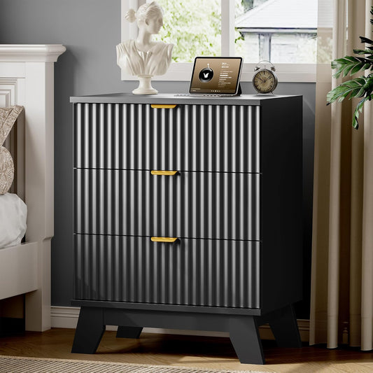 Fluted Nightstand with Charging Station, 24" Wide Bedside Table with 3 Large Storage Drawers, Modern Wood Side Table Night Stand, End Table Small Dresser for Bedroom, Living Room, Dorm, Black