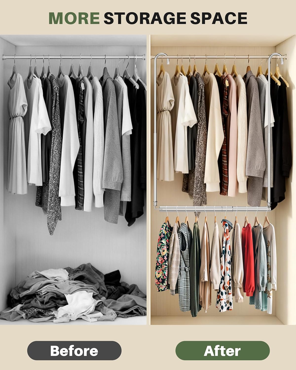 Hanging Closet Rod, Adjustable Height & Width Closet Rods for Hanging Clothes-Closet Extender Hanging Rod Space-Maximizing Design Suitable for Hanging and Drying Clothes, Silver