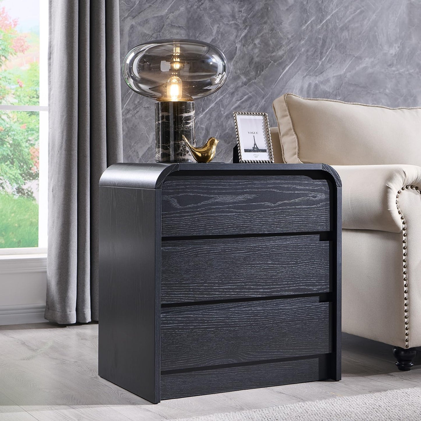 25" Tall Modern Nightstand Set of 2, 23.6" Wide Wood Bedside Table with Charging Station, 3 Storage Drawers Side Table w/Curved Profile Design, End Table for Bedroom, Black