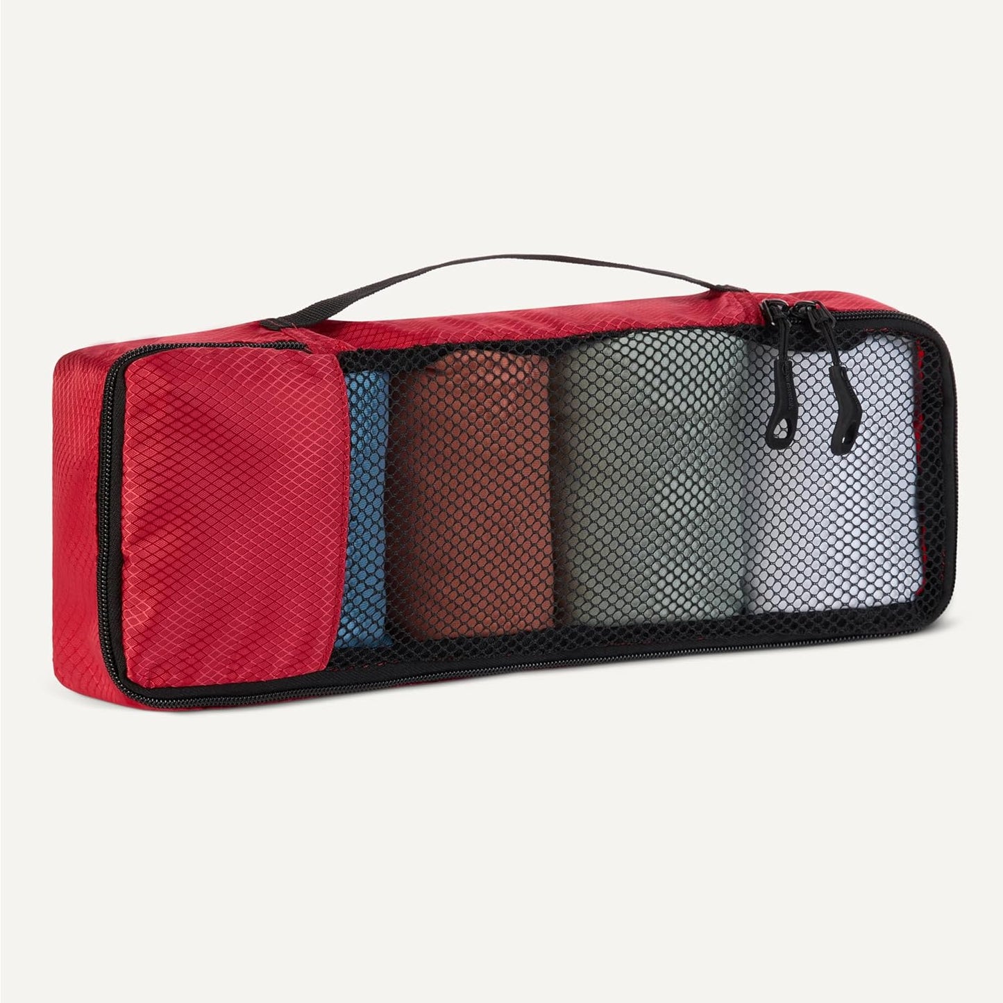 Amazon Essentials 4-Piece Packing Cubes Travel Accessories Set, Luggage Organizer with Double Zipper, Mesh Top, 100% Polyester, Slim, Red (Previously Amazon Basics)