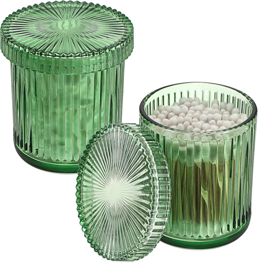 2 Pack Glass Qtip Holder with Lid, Qtip Dispenser Bathroom Storage Jars- Glass Apothecary Jars for Cotton Ball, Swab, Pads, Floss Picks, Bathroom Accessories Organization and Vanity Organizer(Green)