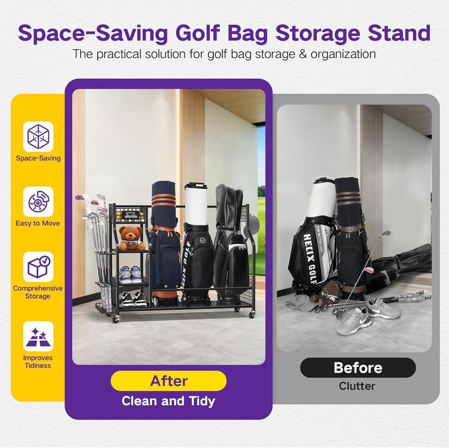 Golf Bag Storage Garage Organizer, Golf Bag Storage Stand and Other Golfing Equipment Accessories Rack, Golf Bag Storage Rack with Wheels, Golf Organizer for Home, Garage, Club, Shed, Basement