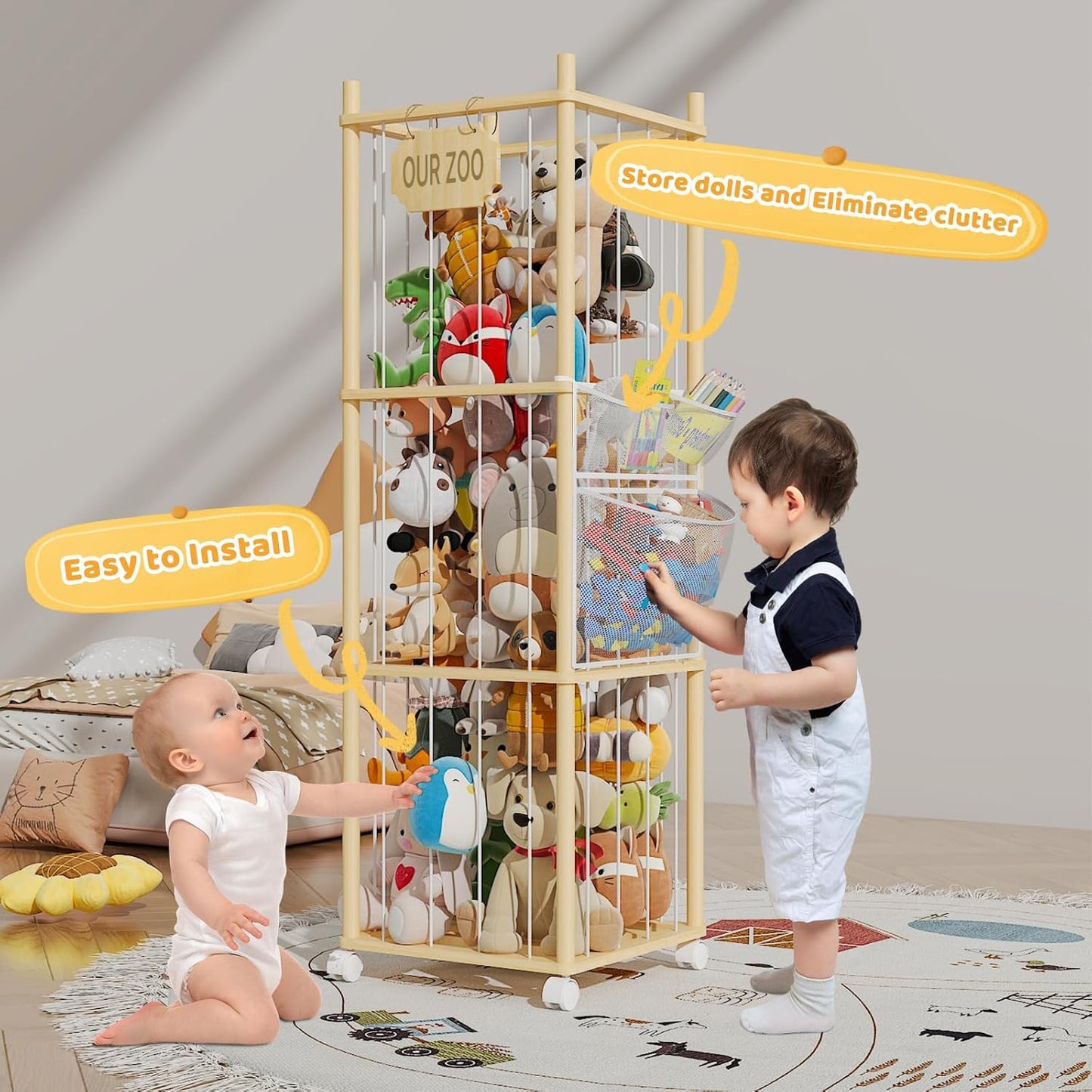 Stuffed Animal Storage with Net Wooden Toy Storage Organizer Stuffed Animal Zoo Storage with Lockable Wheels for Toddler Rooms, Playrooms & Bedrooms (2-Layers)