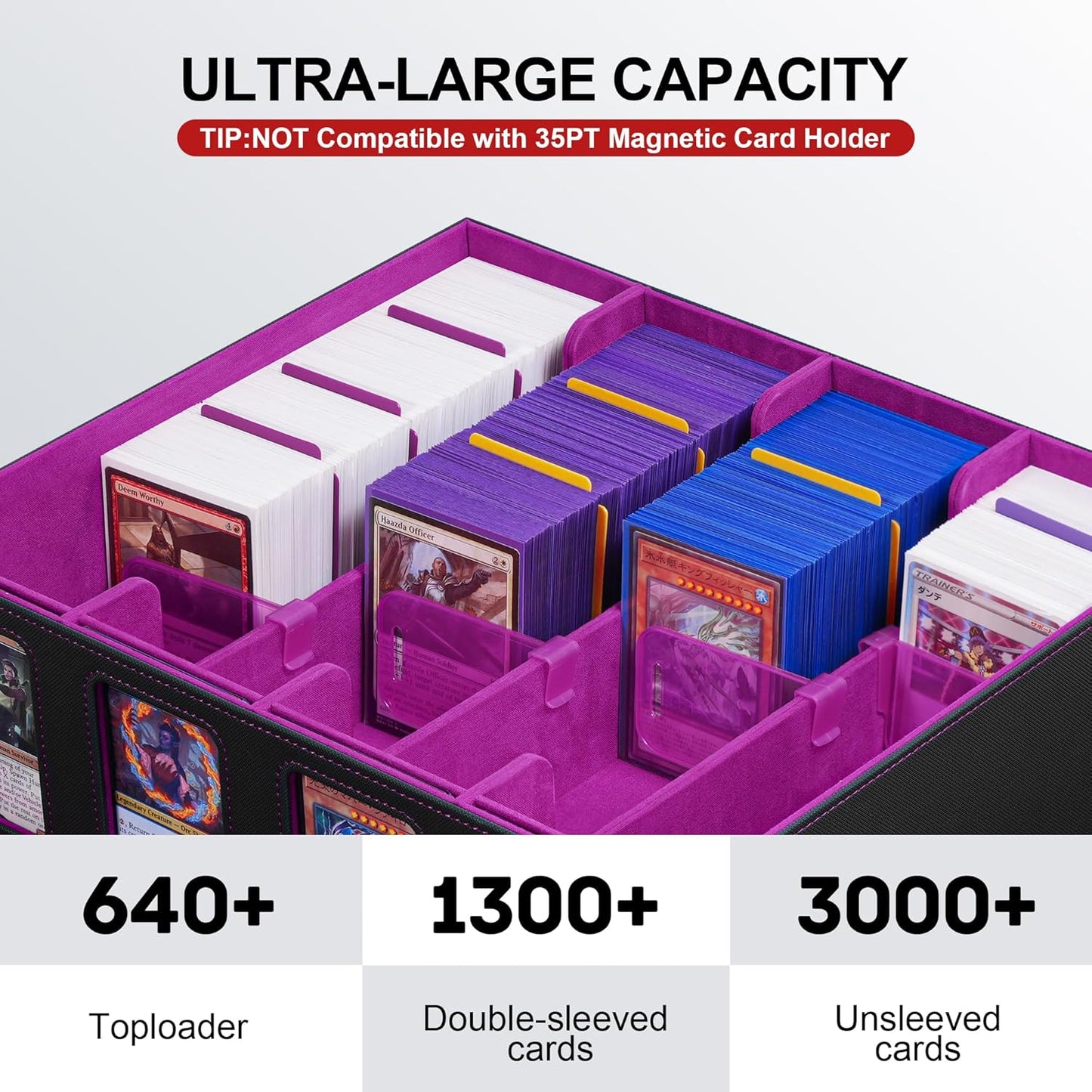 Trading Card Storage Box with Portable Handle, 3000+ MTG Storage Box with 4 Card Stoppers Commander Display Deck Box Card Case Top Loaders MTG TCG Sports Cards Commander Deck Box(Black&Purple)