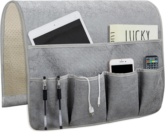 NB Sofa Armrest Organize remote holder bedside caddy organizer with 5 pockets，non-slip couch remote control holder couch armchair caddy accessories (Gray, 35''x18'')