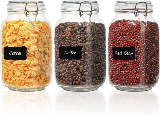 ComSaf Airtight Glass Canister Set of 3 with Lids 51oz Clear Food Storage Jars Square, Kitchen & Pantry Organization Food Storage Container for Canning, Sugar, Flour, Pasta, Candy, Cereal, Coffee