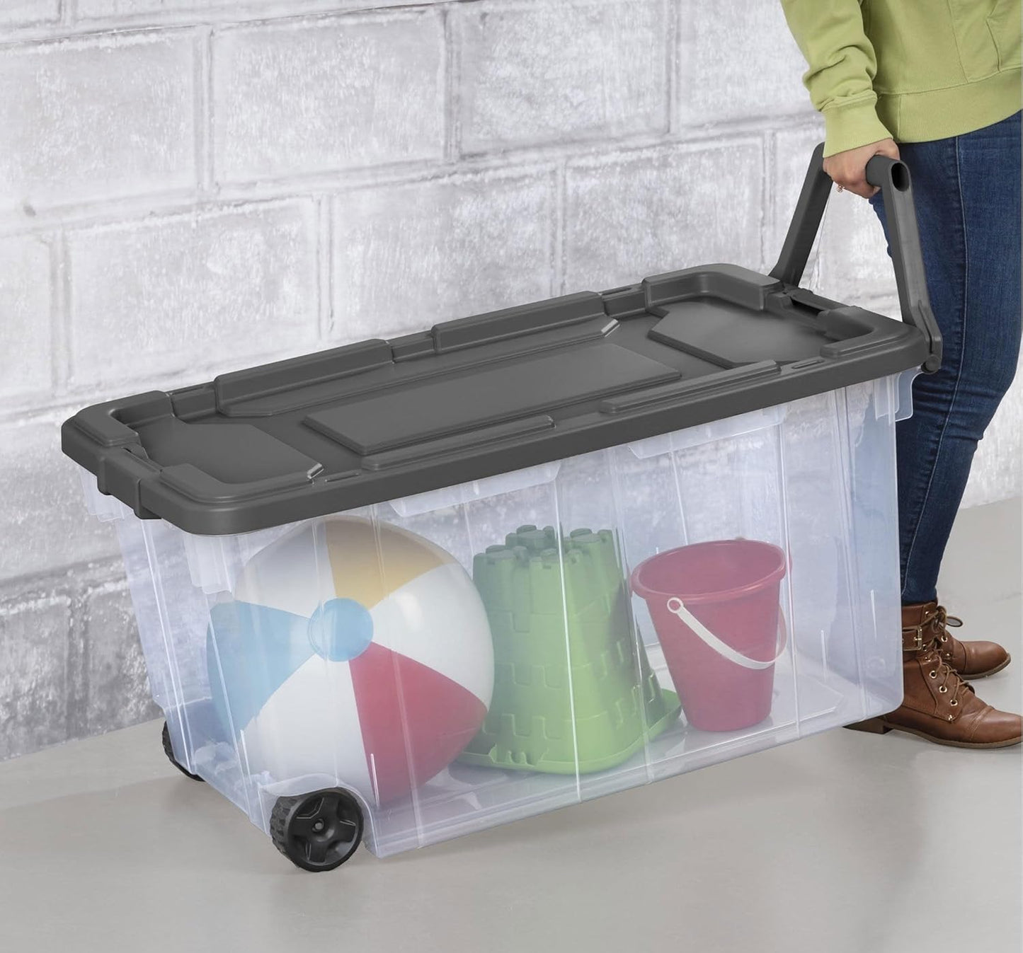 160 Qt Durable Clear Storage Box,Storage Bins With Wheels, Moisture-Proof Buckle Cover,Handle, Wheels, Stackable Design, Anti-Slip Lock Buckle, Suitable For Home Storage, Garage,Gray