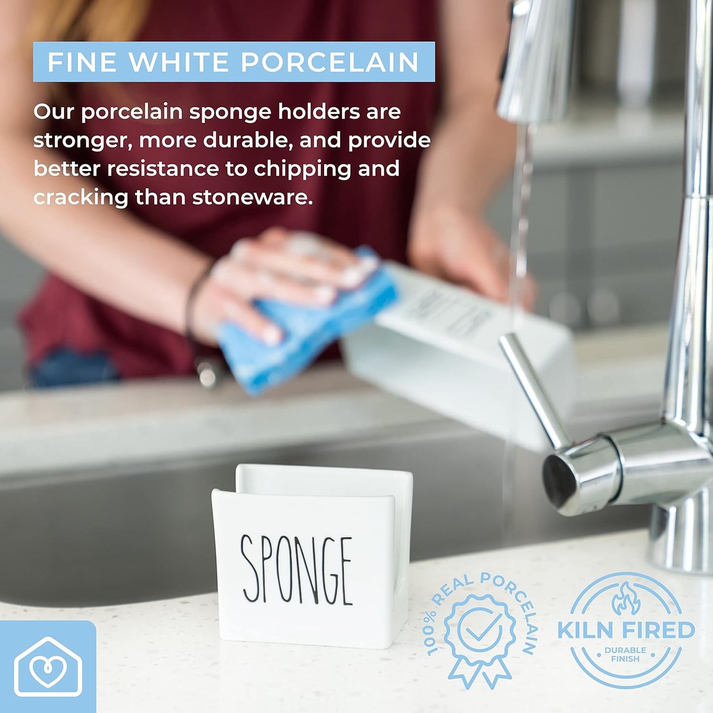 Heartland Home Porcelain Sponge Holder for Kitchen Sink. Compact Sink Caddy Organizer - Scrub Daddy Compatible Dish Sponge Holder. Ceramic Black and White Kitchen Decor and Cute Kitchen Accessories
