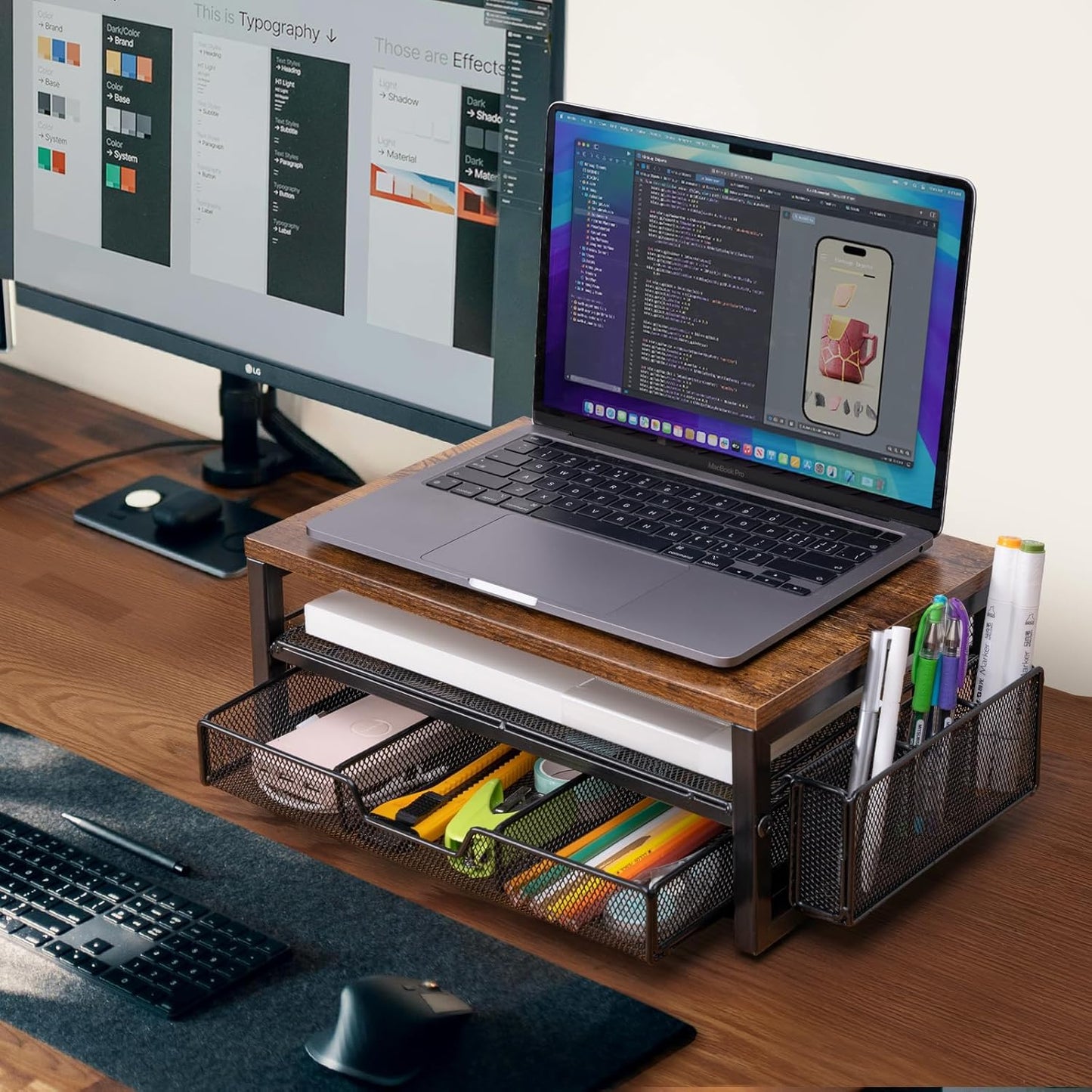ARCOBIS Monitor Riser with Drawers and Pen Holders, Wood & Mesh Metal Computer Monitor Stand with Storage for Desk, Rustic Brown