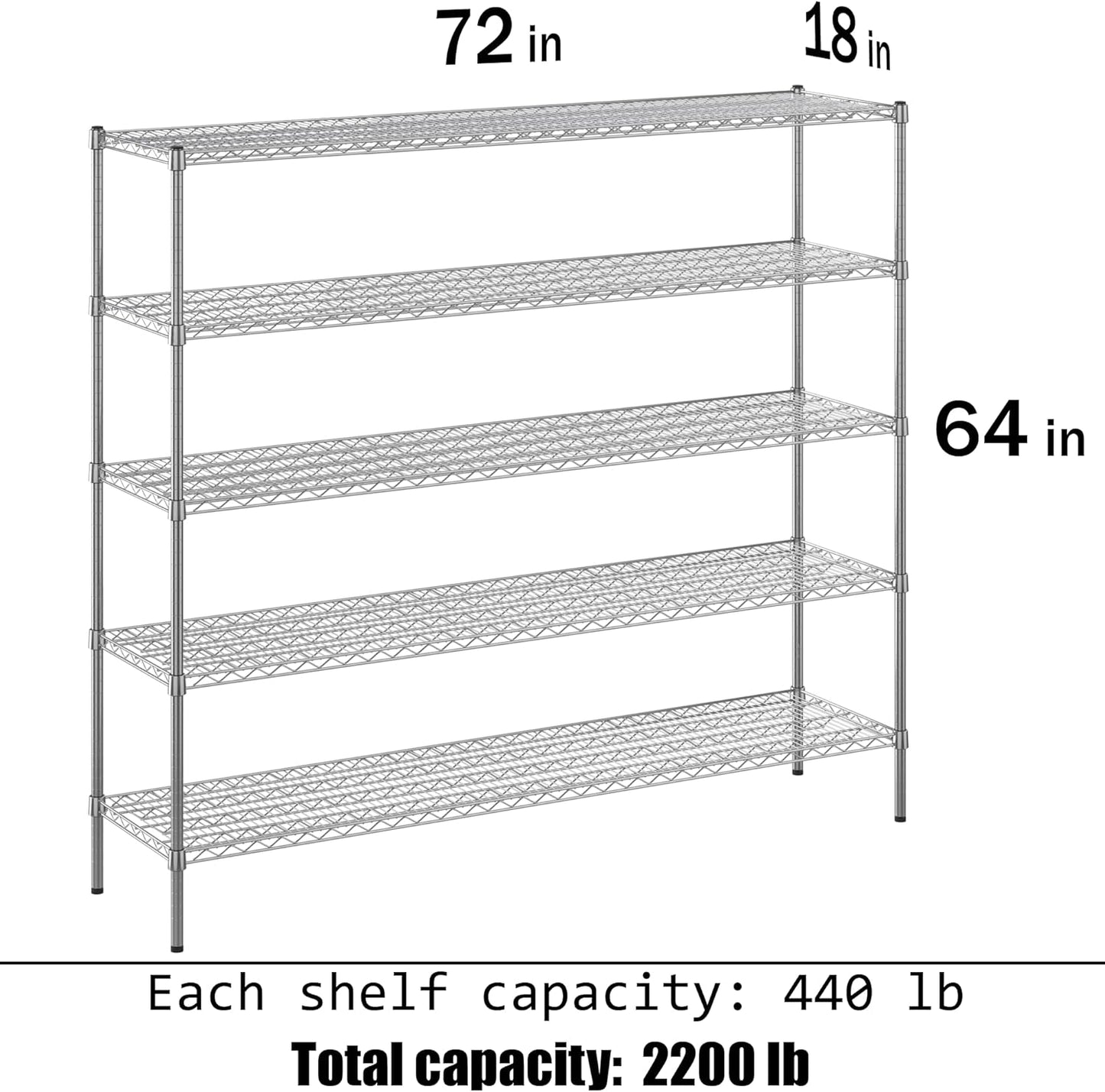18" Deep x 72" Wide x 74" Height Wire Shelving Kit | 5-Tier | NSF Commercial Storage Rack Unit