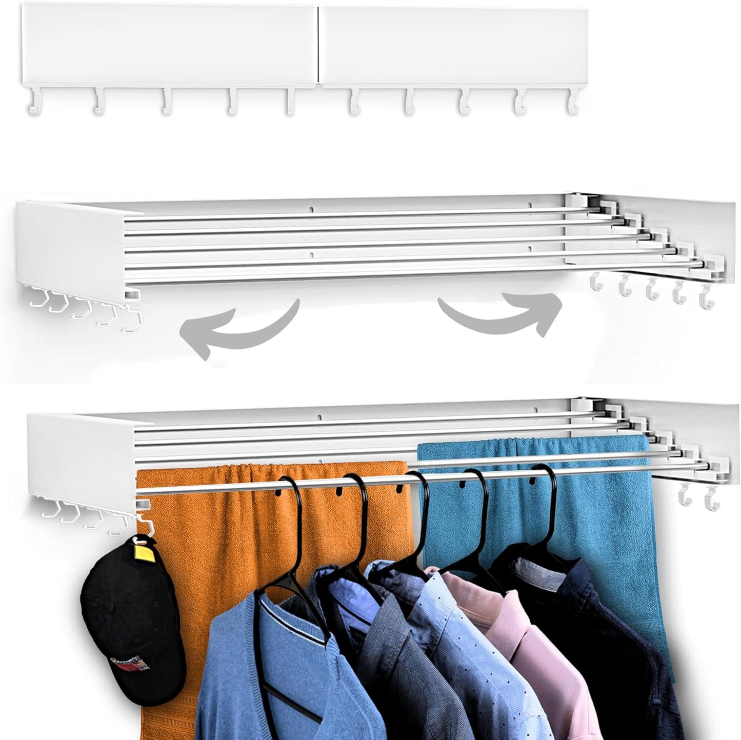 Wall Mounted Laundry Drying Rack, Retractable & Foldable, 31.5" Wide, 13.2 Linear Ft, 5 Heavy-Duty Aluminum Rods, 60 lb Capacity, Space-Saving Design, Easy Installation, Indoor/Outdoor (White)