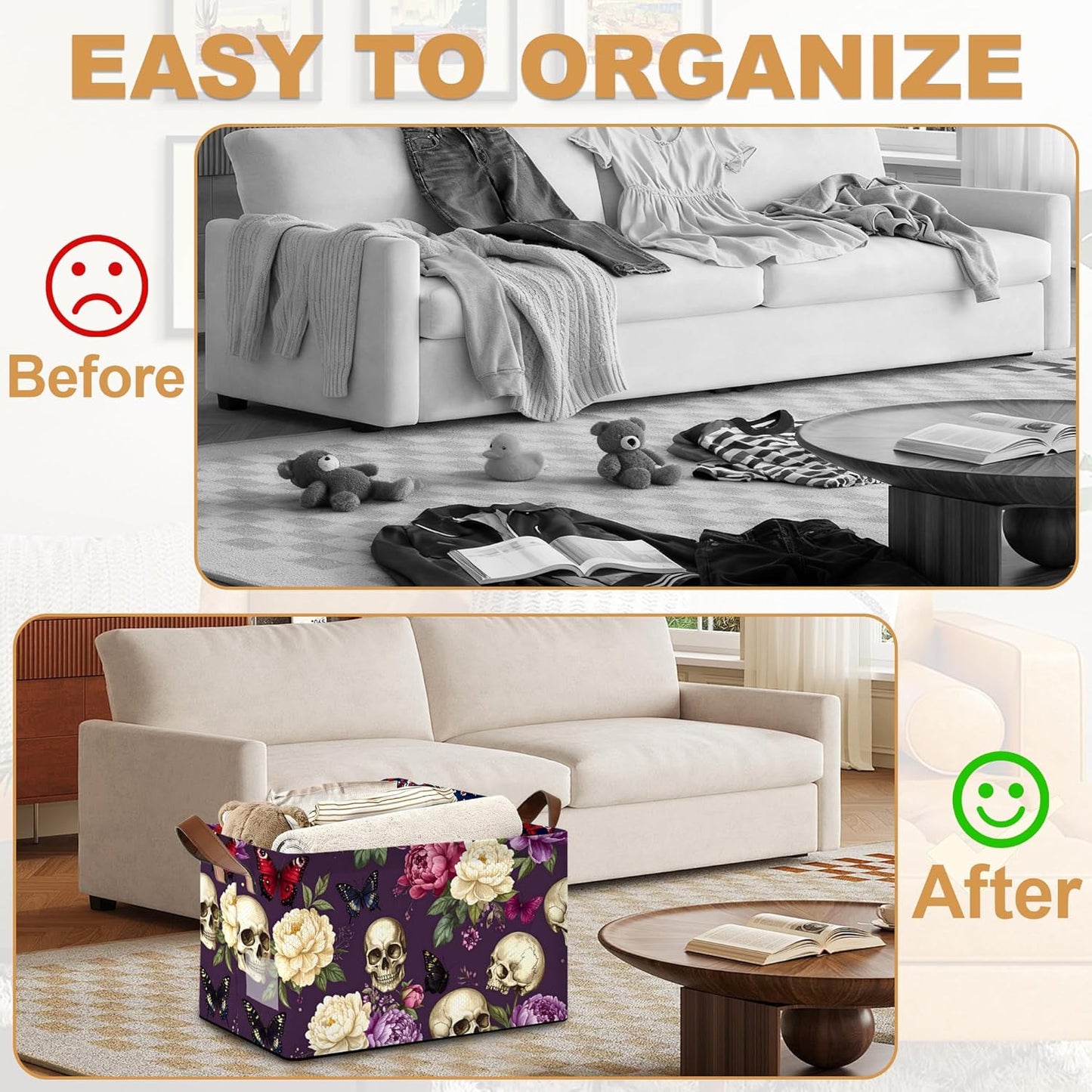 Purple Flower Skeleton Storage Bins with Handles, Collapsible Storage for Clothes, Gift Basket, Blankets & Closet Organization