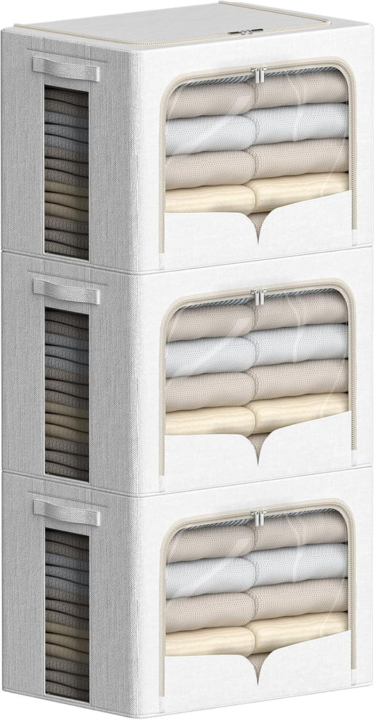 FHSQX 3 Pack Clothes Storage Bins Foldable Metal Frame Storage Box Stackable Linen Fabric Container Organizer Set with Carrying Handles and Clear Window (Cream White, 15.7x11.8x11.8inch(36L))