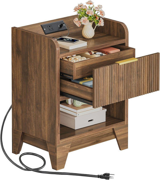 HOOBRO Fluted Nightstand with Charging Station, End Table with Hidden Drawer, Modern Bedside Table, Wooden Night Stand for Bedroom, Study, Dark Walnut WL351UBZ01
