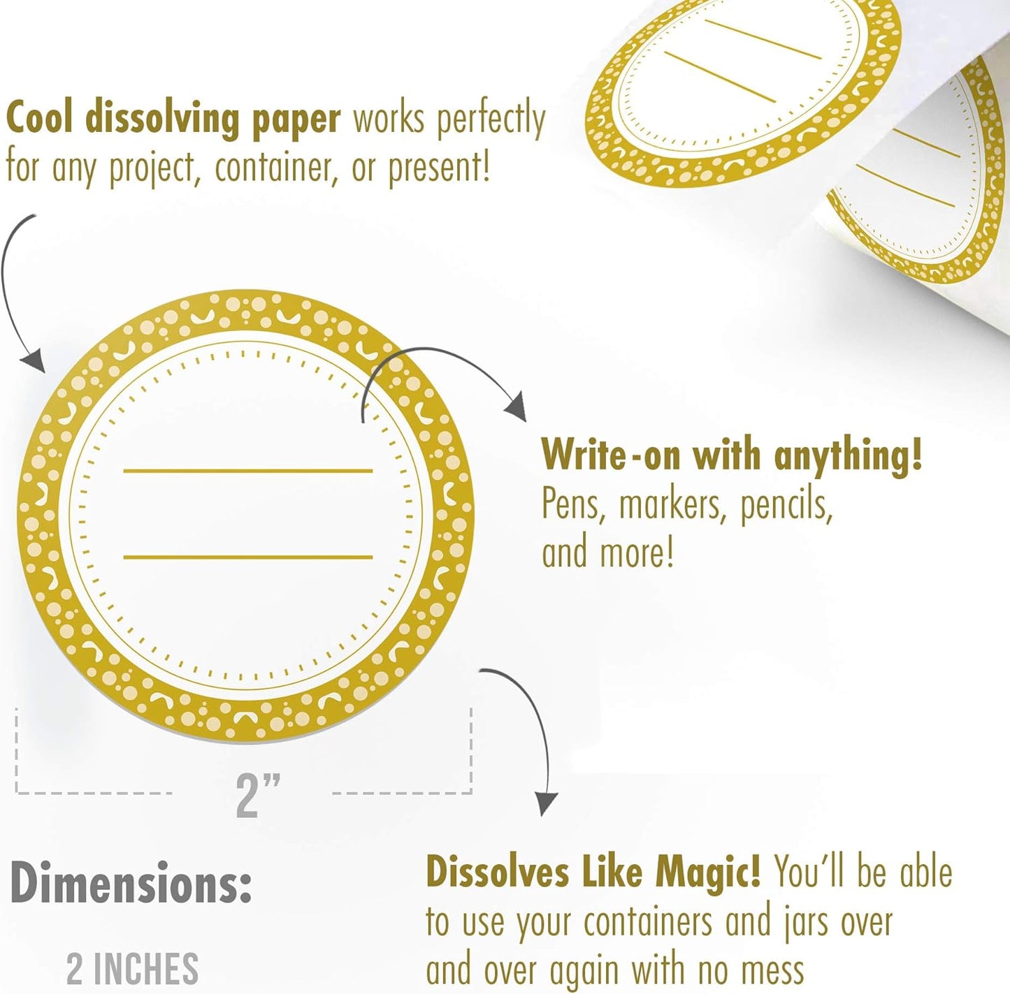Canning Labels Dissolvable Stickers for Mason Jars and More (2" Round 200/roll) Canning Supplies Washes Off in Seconds Like Magic - Jar Labels Homemade Jam, Jelly, and More (Gold)