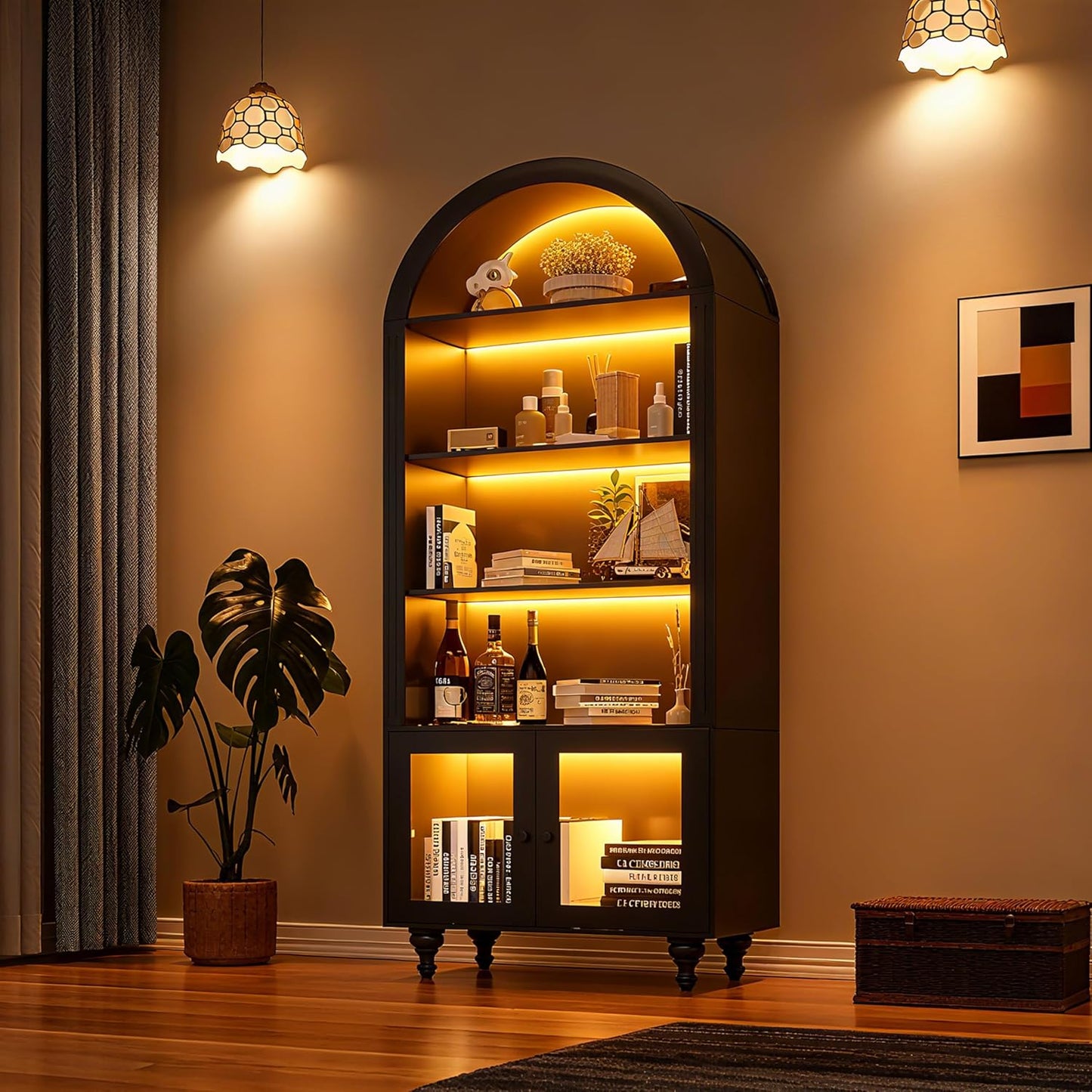 Wooden Arched Display Storage Cabinet with Glass Door, LED Lights,Showcase for Collections, Perfume, Vinyl Albums, Bookcase for Home Office, Living Room, Clinic, Pantry (Black-Arched top)