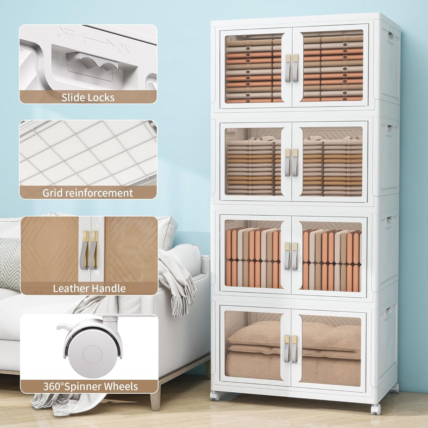 Large Clear Stackable Storage Bins with Lids, Foldable Storage Cabinet for Closet Organizers and Storage, Plastic Storage Box with Wheels 942 QT