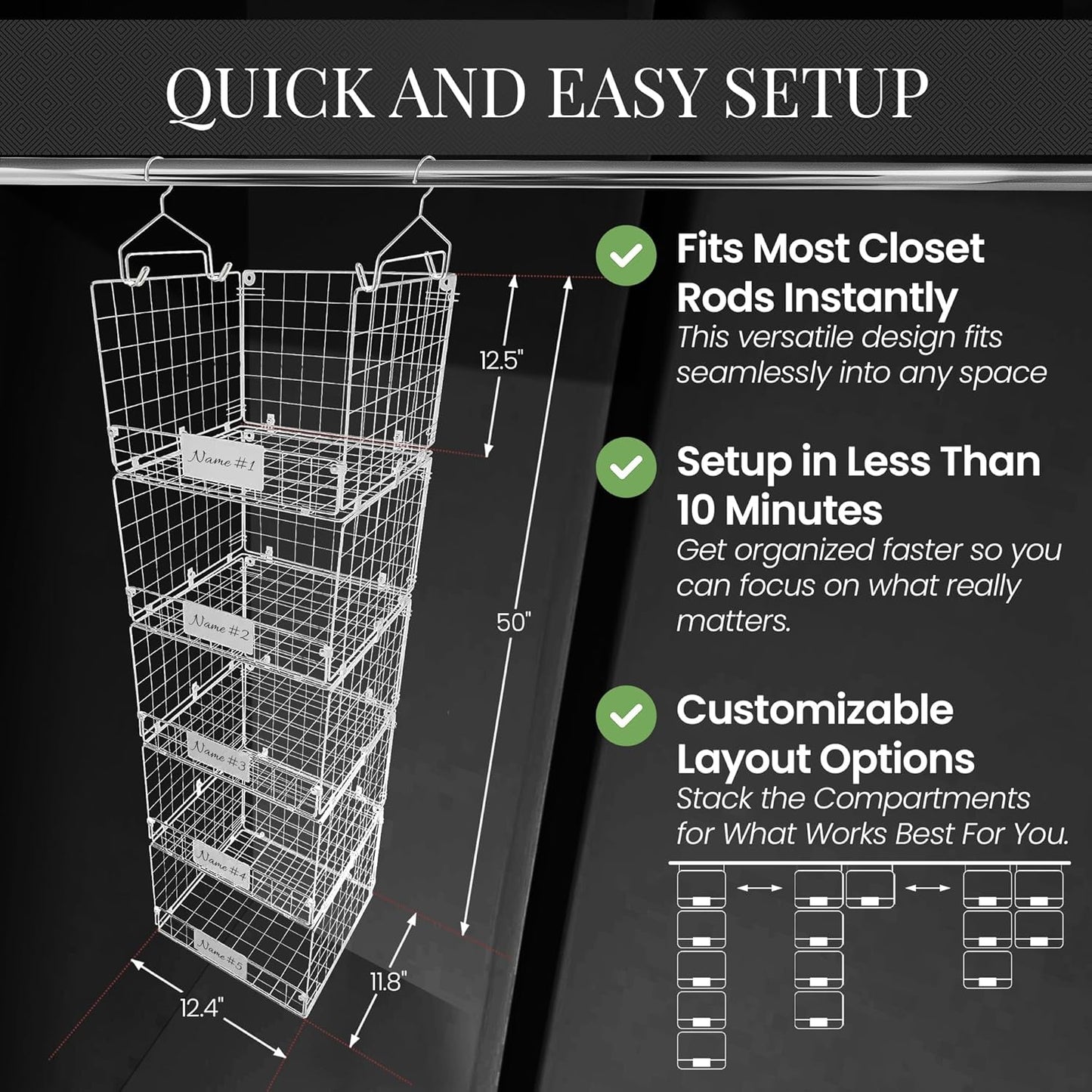 DECOLURE 5-Tier Adjustable Hanging Closet Organizer – Maximize Hanging Storage w/ 4 Hanging Hooks, 8 S Hooks & 5 Name Plates - Sturdy Foldable Wire Storage Hanging Shelves for Clothes, Towels (White)