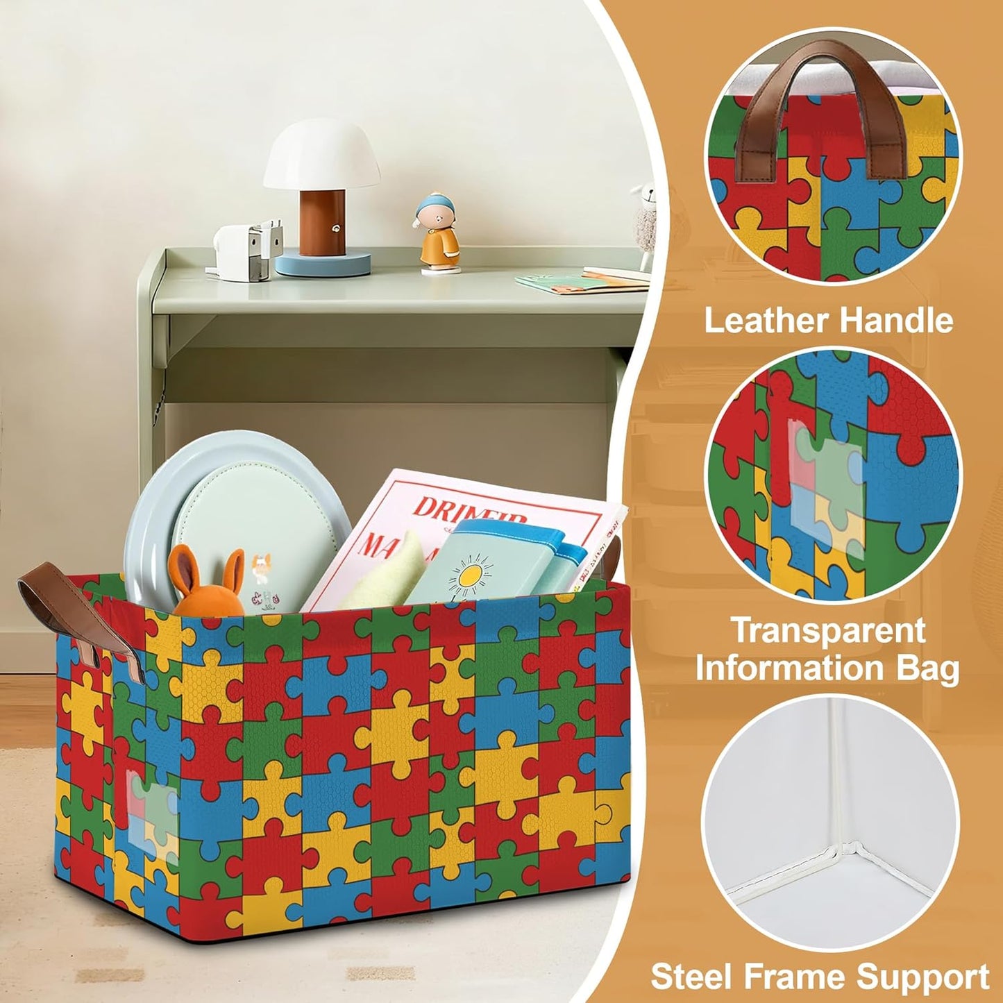 Jigsaw Storage Bins with Handles, Collapsible Storage for Clothes, Gift Basket, Blankets & Closet Organization