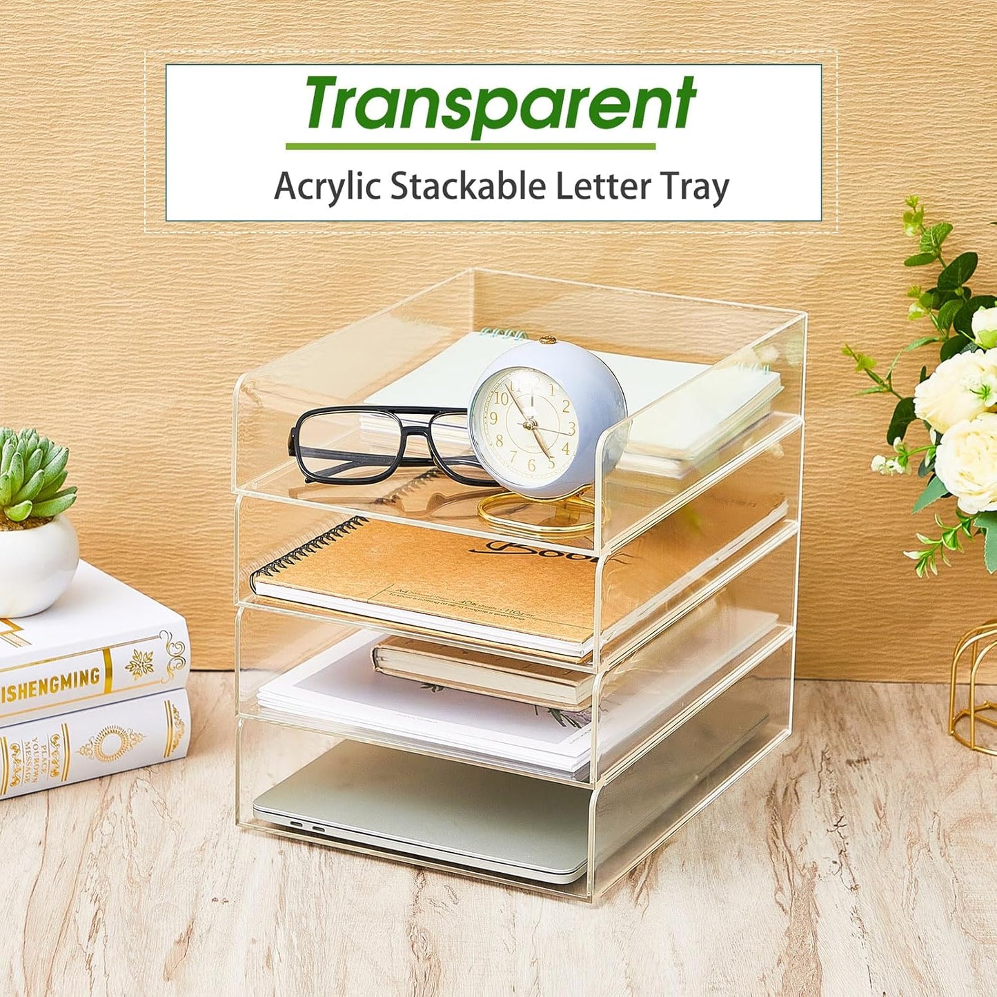 Harloon 4 Tier Acrylic Paper Tray 12 x 9.3 x 2.7 Inches Stackable Letter Clear Organizer No Need to Assemble Acrylic Paper File Organizer for Office Workspace Desktop Storage(Transparent)