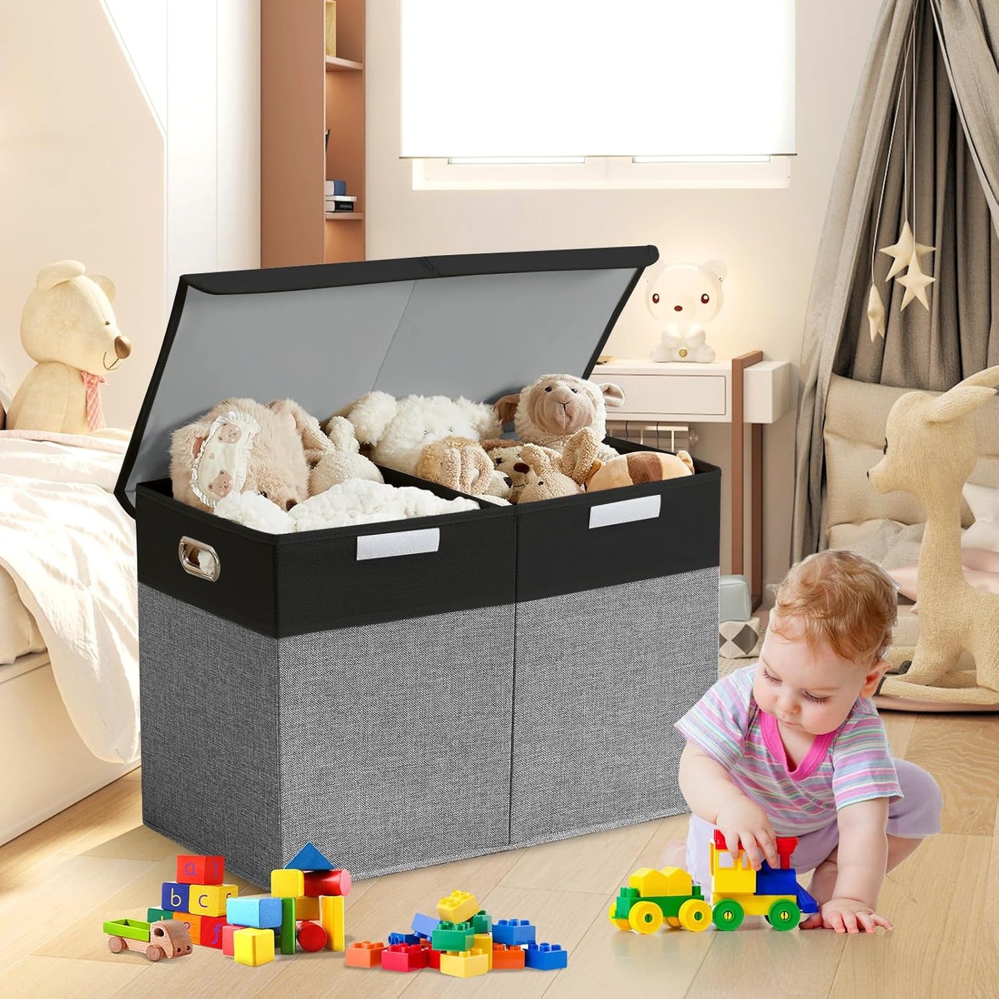 Large Toy Box with Flip-Top Lid, Collapsible Storage Organizer Bins with Dividers and Handles, Kids Bin Chest Baskets for Toys, Playroom Organizers, Nursery 25"x13" x16" (Balck & Gray)