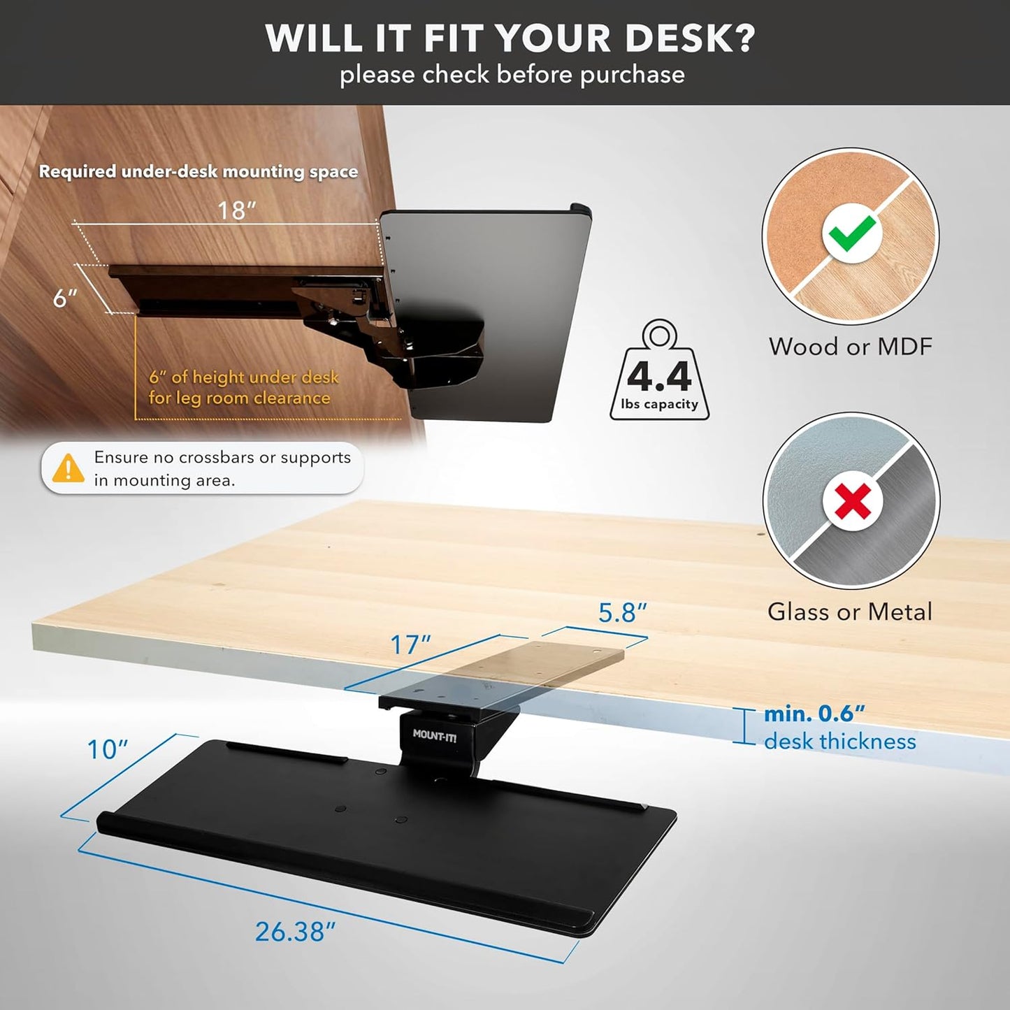Mount-It! Under Desk Keyboard Tray – Adjustable Slide-Out Keyboard Drawer with Tilt & Swivel, 26.4" One-Piece Platform with Wrist Rest, Ergonomic Pull-Out Keyboard Holder