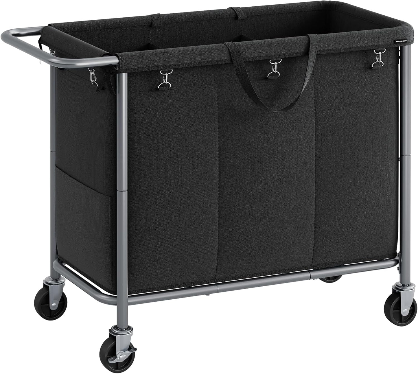 SONGMICS Laundry Basket with Wheels, 3-Section Rolling Laundry Hamper, 52.8 Gallons (200 L), Removable Liner, Steel Frame with Handle, 35.8 x 15.4 x 31.9 Inches, Ink Black URLS005B01