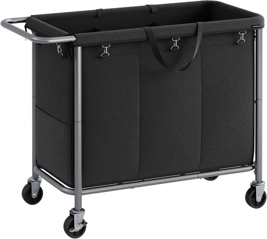 SONGMICS Laundry Basket with Wheels, 3-Section Rolling Laundry Hamper, 52.8 Gallons (200 L), Removable Liner, Steel Frame with Handle, 35.8 x 15.4 x 31.9 Inches, Ink Black URLS005B01