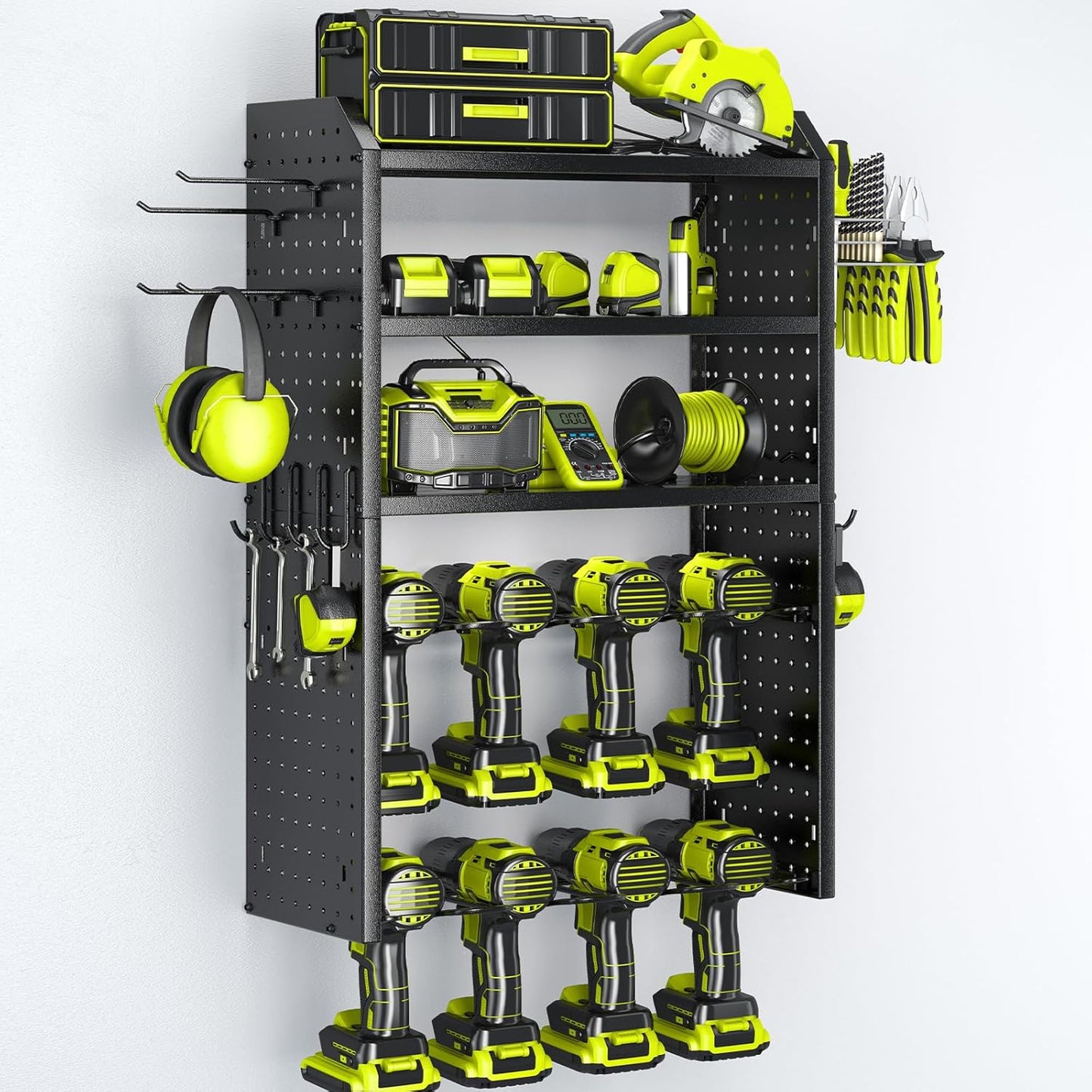 KAFAHOM Power Tool Organizer,Large 8 Drill Holder Wall Mount with 2 Side Pegboards,5 Layer Metal Tool Storage Rack with 12 Hooks,Tool Shelf for Garage Organization,Utility Battery Shelves - Black