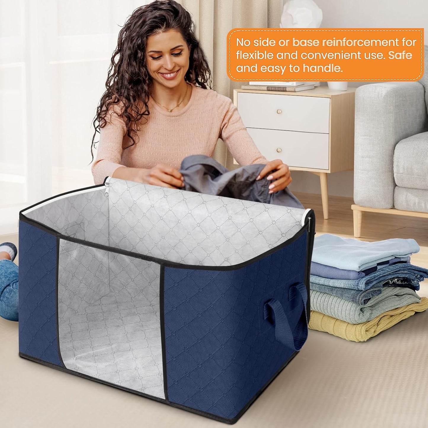 Fab totes 24 Gallons Clothes Storage, Foldable Thick Fabric Blanket Storage Bags,Containers for Organizing Bedroom, Closet, Clothing, Comforter,Organization with Handle (8 Pack,Blue)