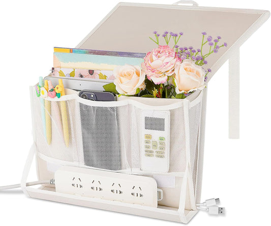 Bedside Caddy Bedside Storage Organizer Bedside Organizer with Power Strip Holder and 2 Adjustable Straps for Home Bunk Bed College Dorm Sofa (White)