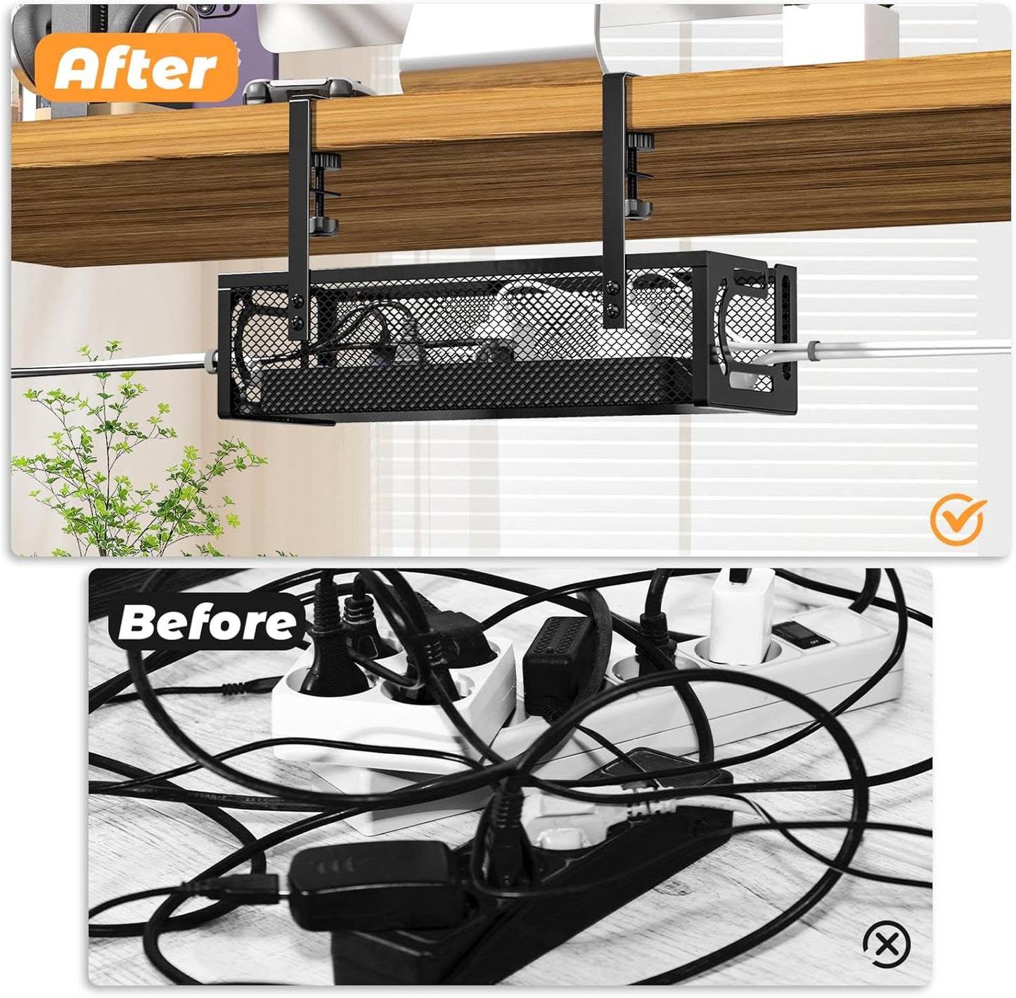 Under Desk Cable Management Tray, 15.7'' No Drill Steel Desk Cable Organizers, Wire Management Tray Cable Management Rack (2 Packs-Black)
