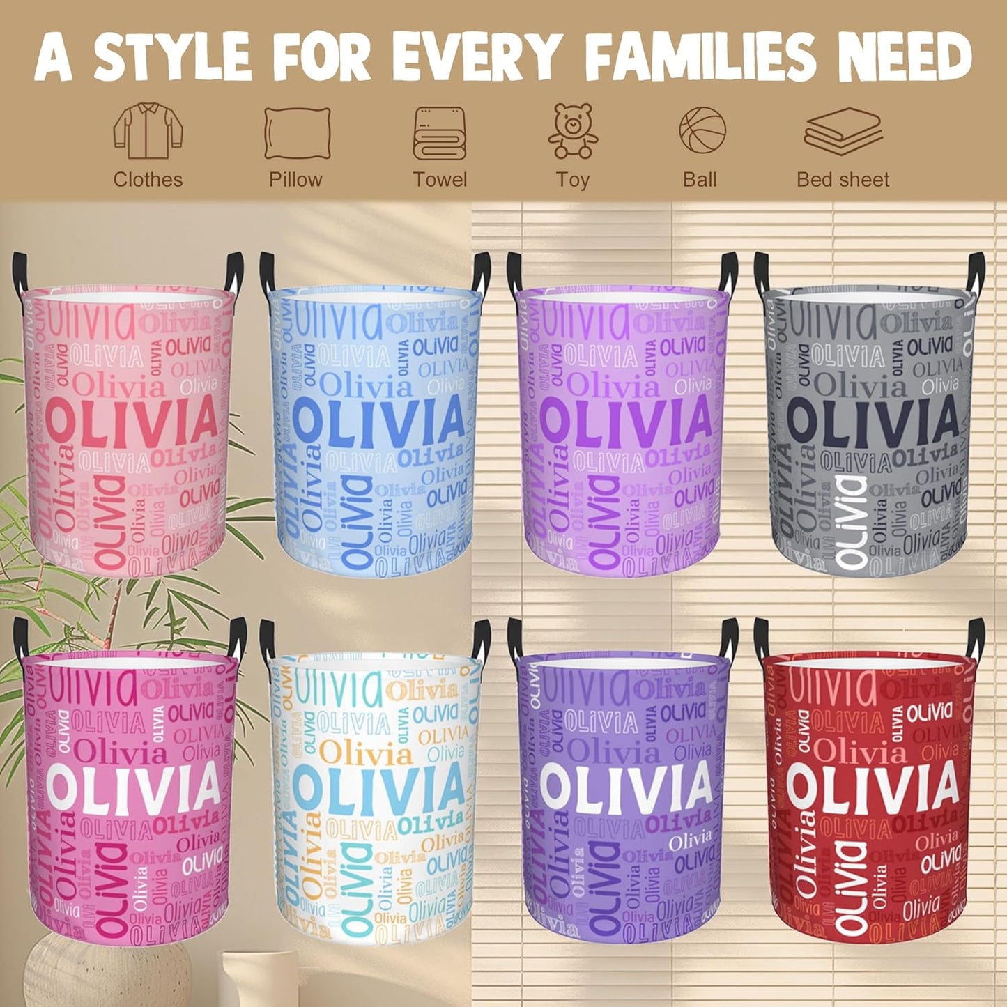 Custom Name Laundry Hamper, Personalized Laundry Basket with Name for Boys Girls Men Women Kids, Customized Name Dirty Clothes Basket Gifts for Clothes Toy Bedroom Bathroom Laundry Room Dorm