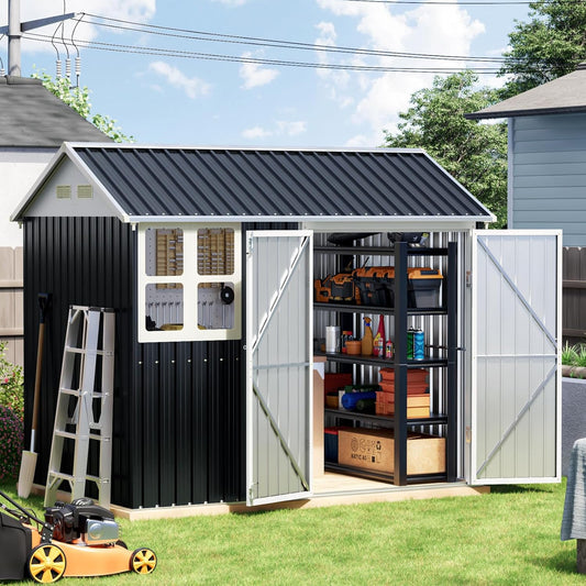 8x6 FT Outdoor Metal Storage Shed with Floor Frame, Double Doors, 1 Clear Window, Tool Shed for Garden, Patio, Backyard