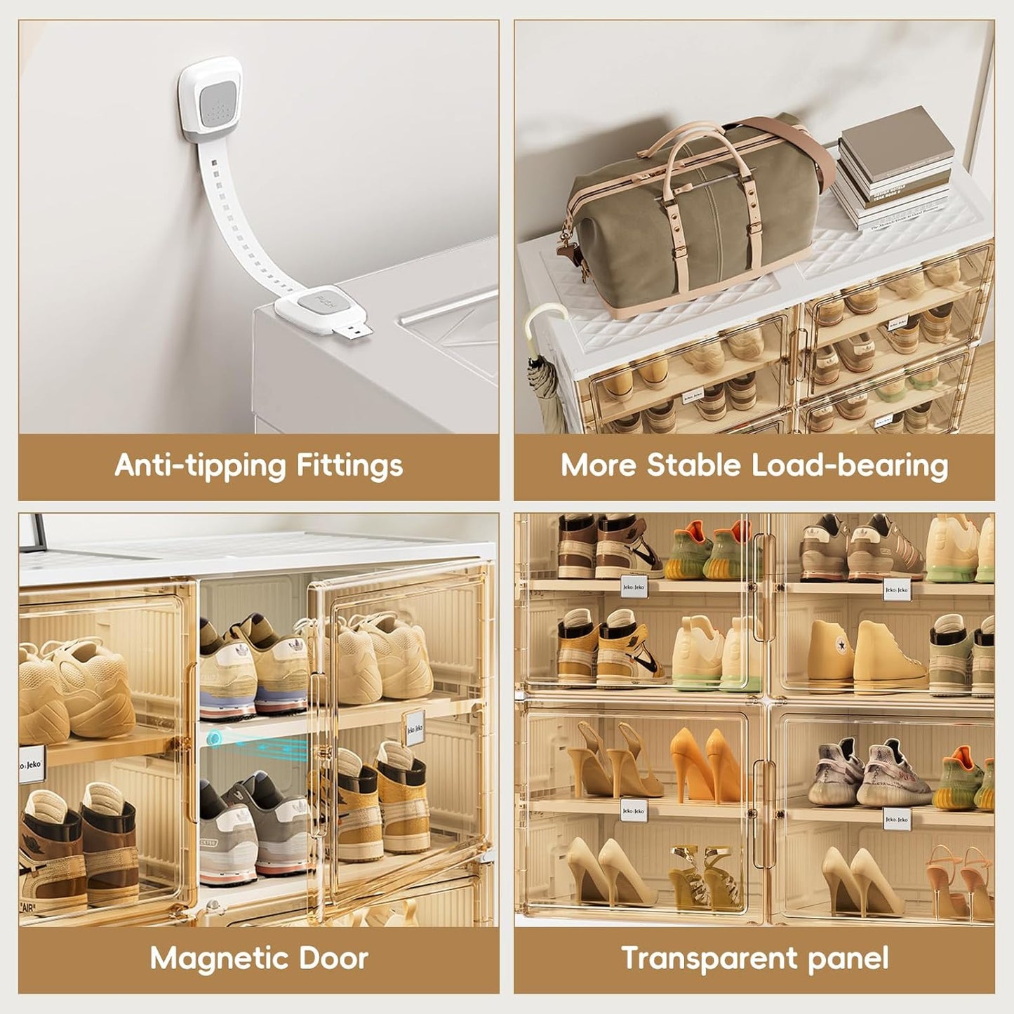 JEKO&JEKO 4 Tiers Foldable Shoe Rack Organizer Cabinet for Closet Entryway, Large Collapsible Shoe Storage Box with Magnetic Doors Fits Up to 16 Pairs (White)