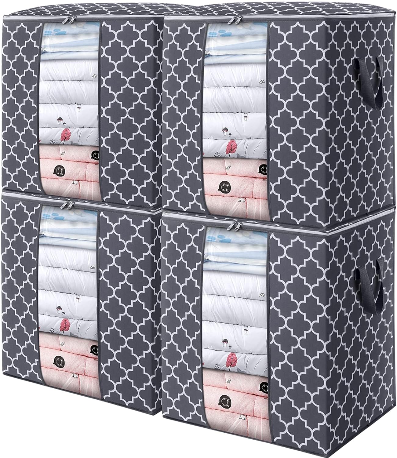 WISELIFE Storage Bags 4 Pack/100L Large Blanket Clothes Organization and Storage Containers for Comforters,Bedding, Foldable Organizer with Reinforced Handle, Clear Window, Sturdy Zippers,Gray