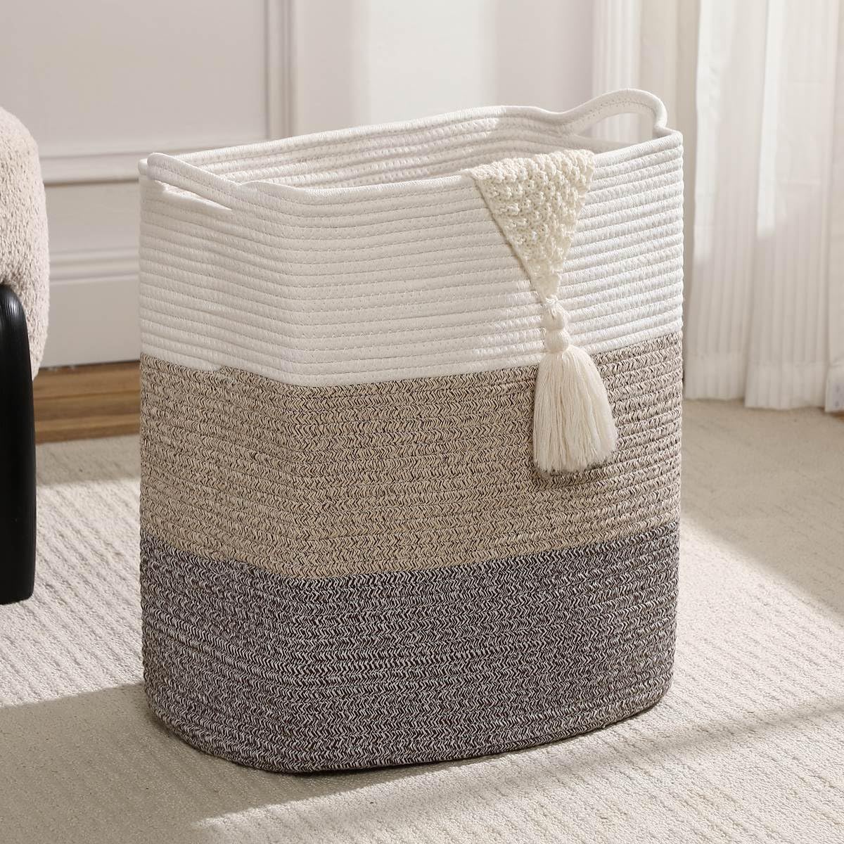 Tall Laundry Basket With Handles,Woven Cotton Rope Big Laundry Hamper Sorters,Versatile Storage for Dirty Clothes,Baby Toys,and Blankets in Bathroom, Nursery,and Living Room (Gradient Brown, 80L)