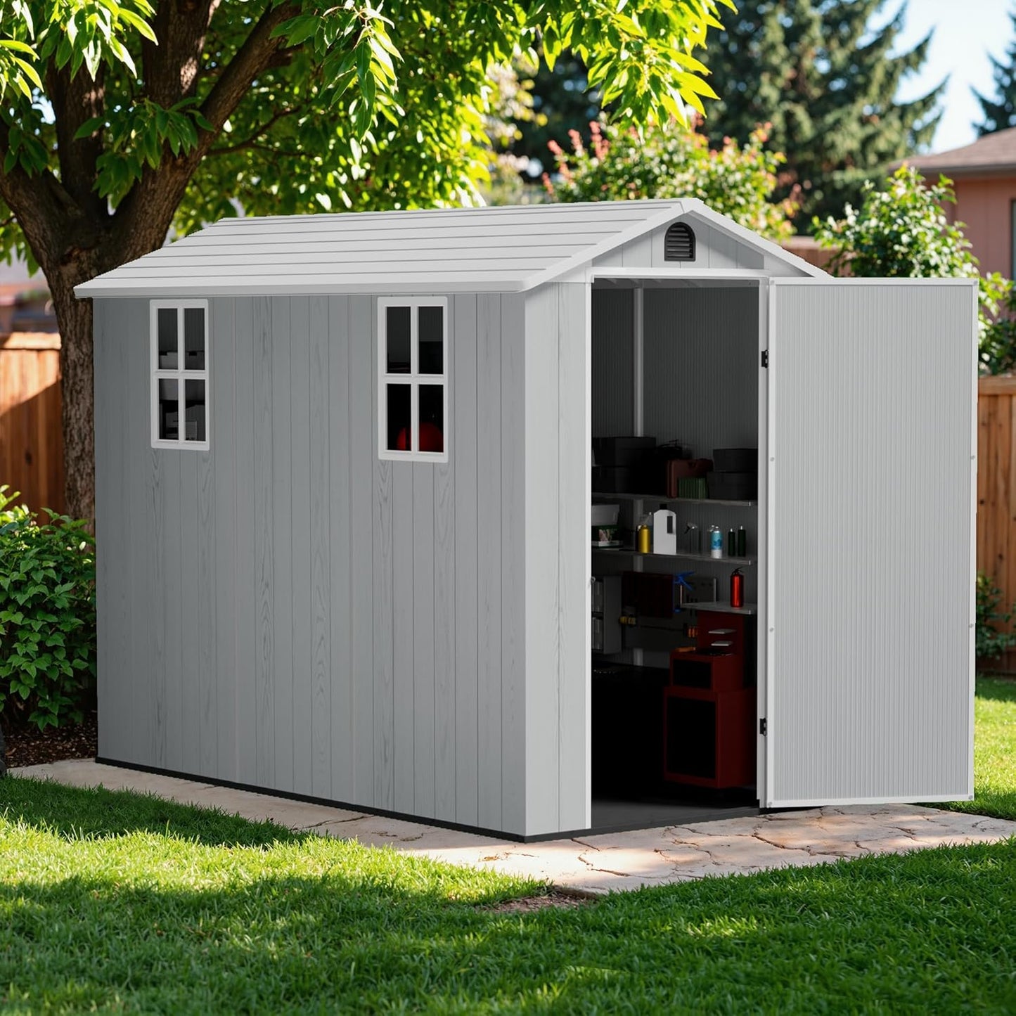 Greesum 4x8FT Plastic Outdoor Storage Shed with Floor, Resin Storaged Sheds with Lockable Door, Window & Vent, All-Weather Tool Sheds for Garden, Backyard, Patio, Light Gray (One-Piece Panel)